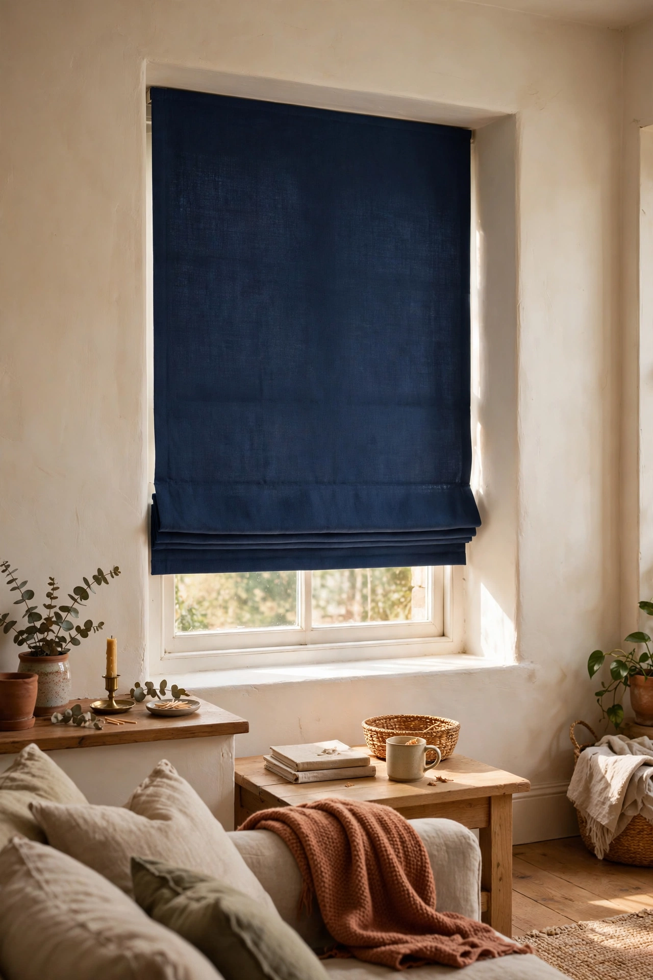Budget navy roman blind in plain weave fitted inside a living room window