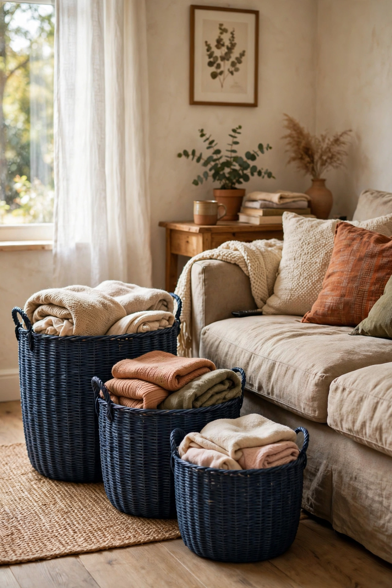 Matching navy storage baskets holding blankets beside a living room sofa