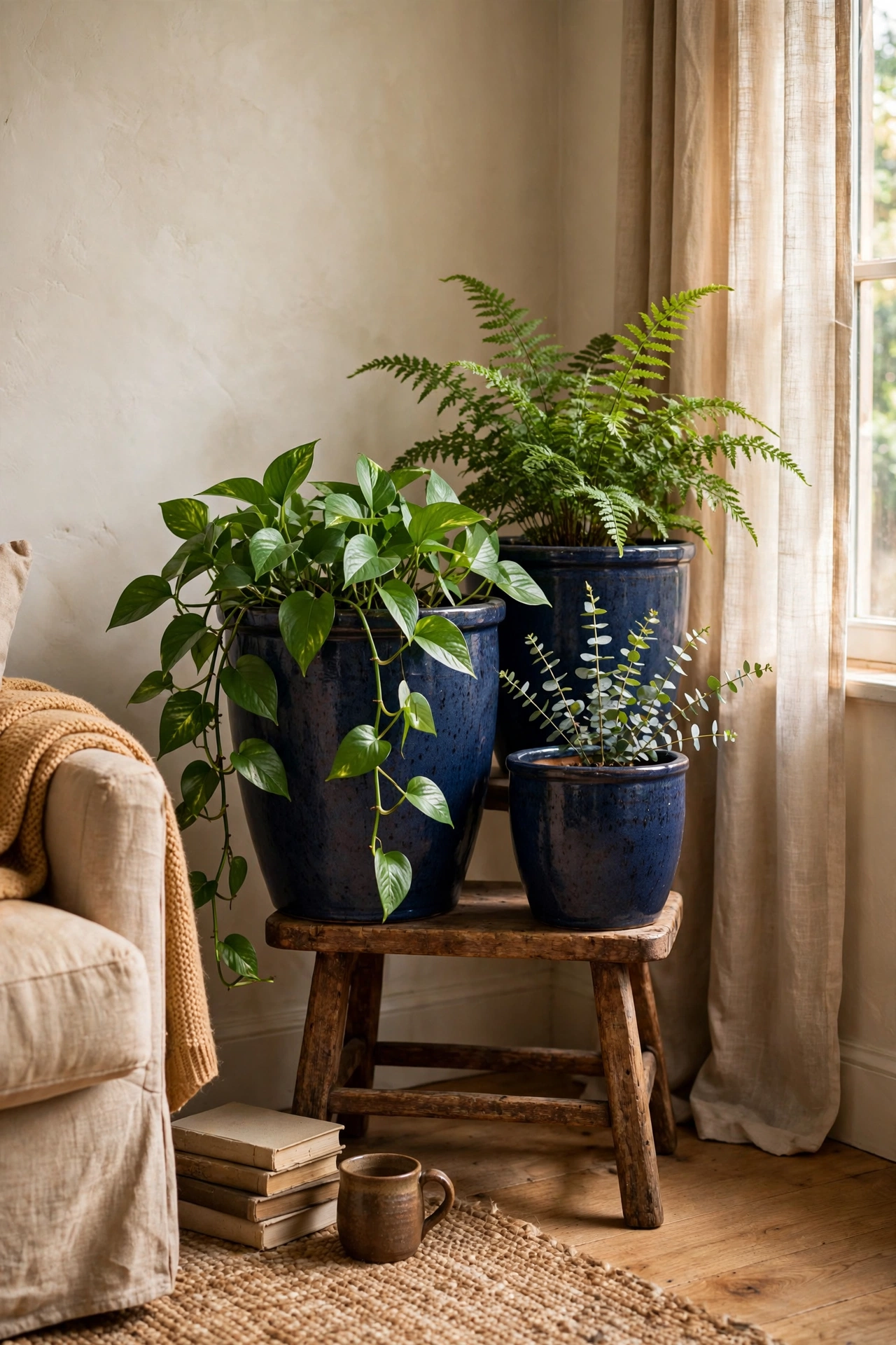 Three navy ceramic plant pots in graduated sizes grouped on a wooden stool
