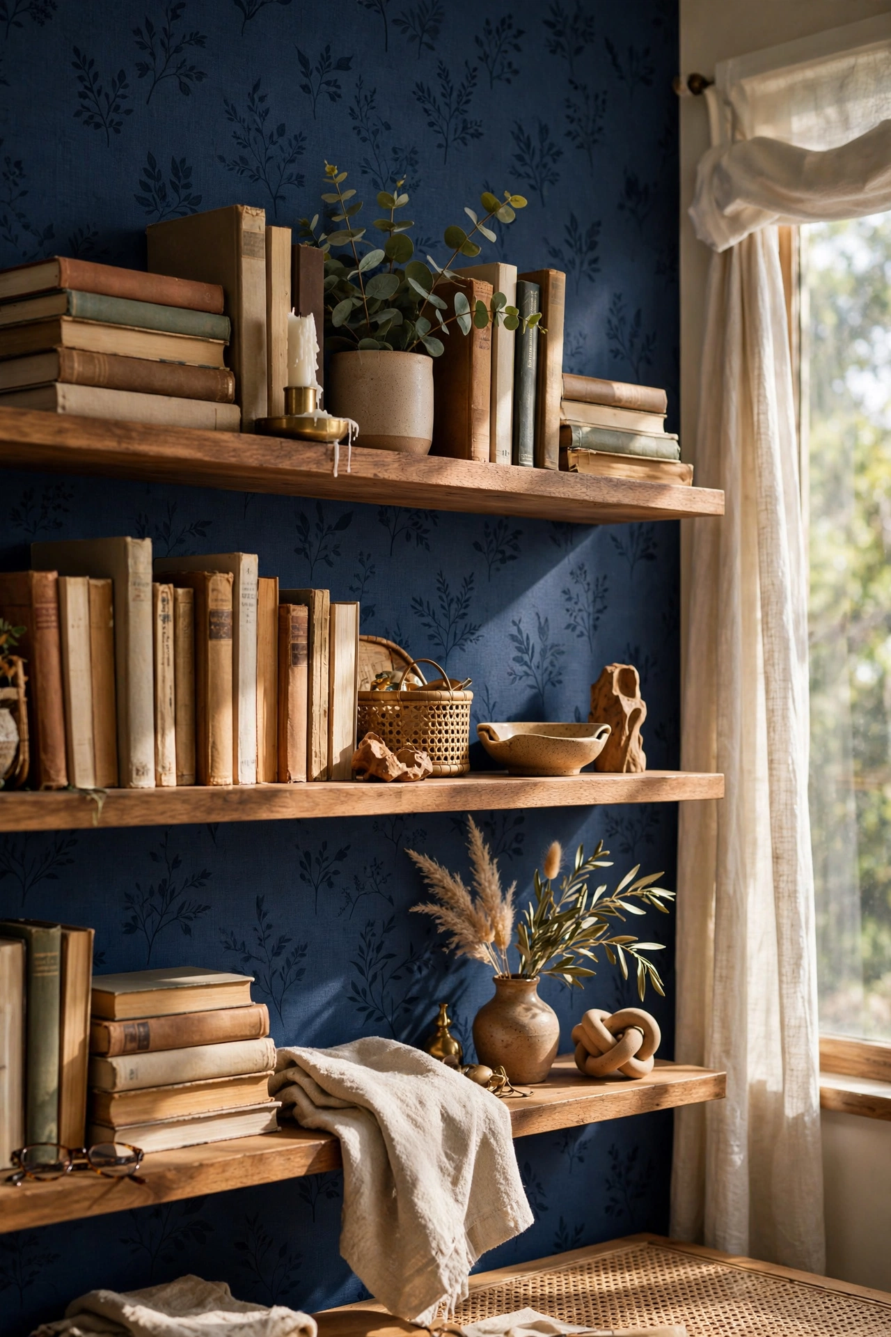 Peel-and-stick navy wallpaper behind open wooden shelves in a living room