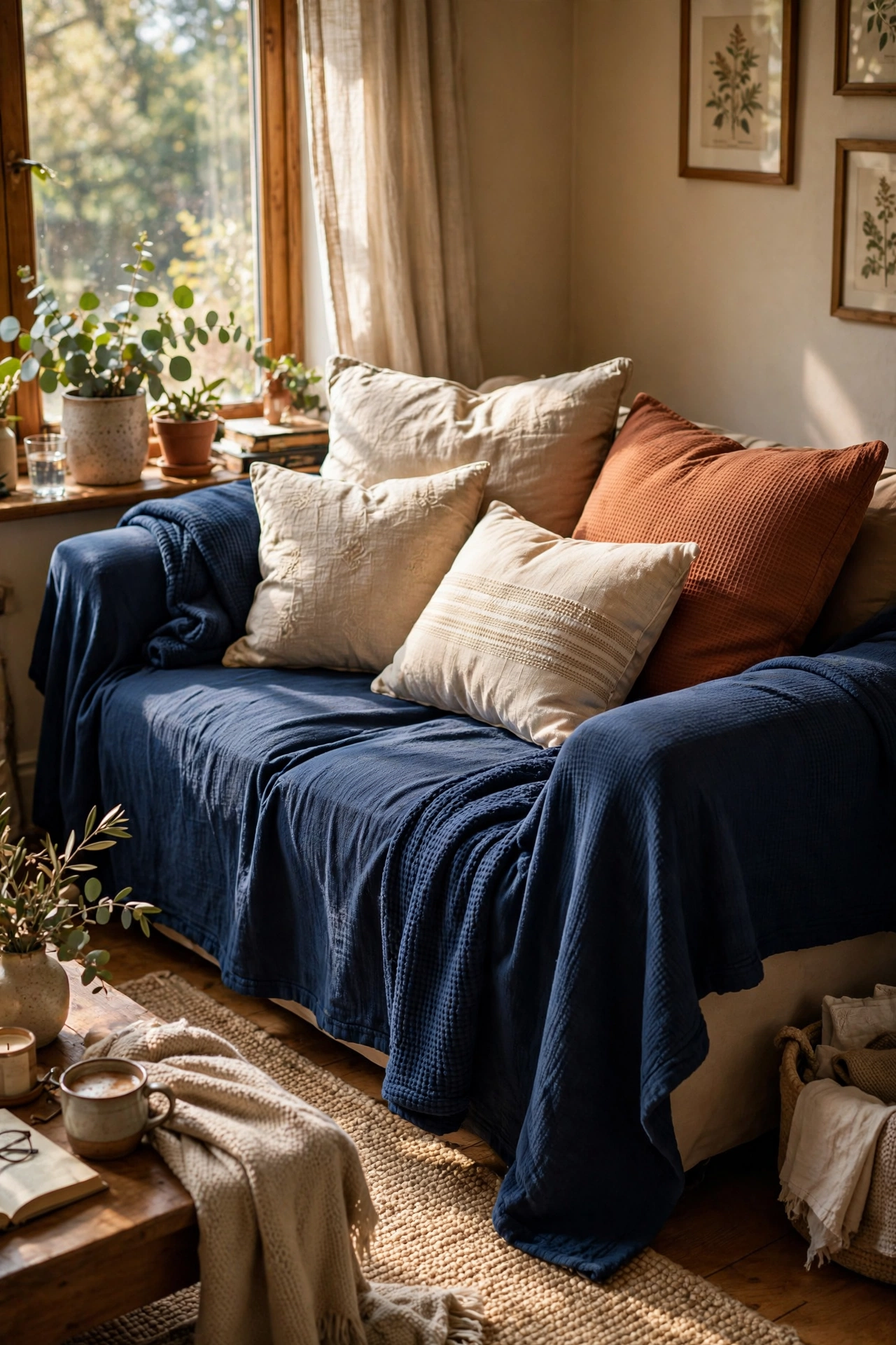 Sofa covered with an oversized navy throw tucked into the creases as a cover hack
