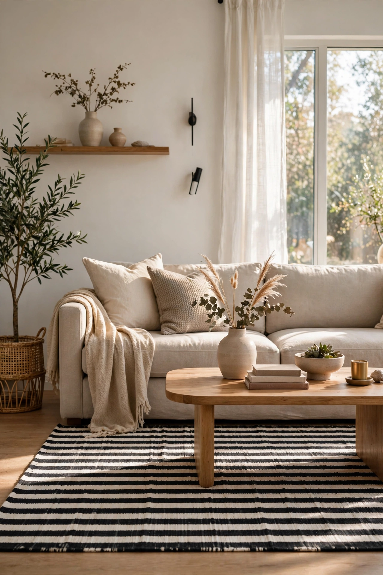 Black and white striped area rug anchoring a budget living room seating area