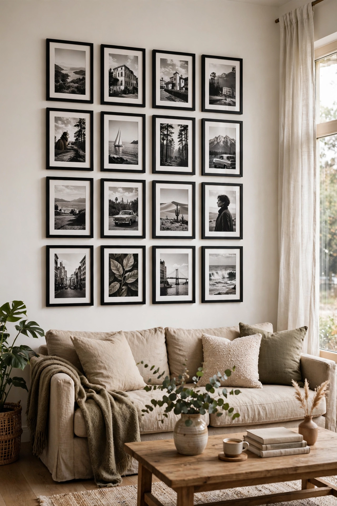 Grid of black and white family photos in matching black frames on a living room wall