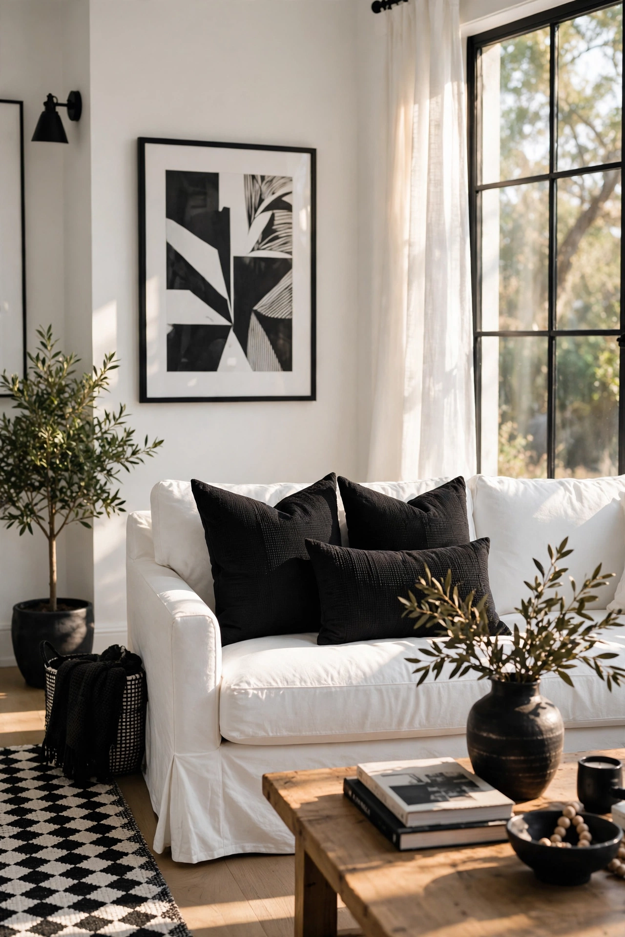 White slipcovered sofa styled with black throw pillows in a monochrome living room