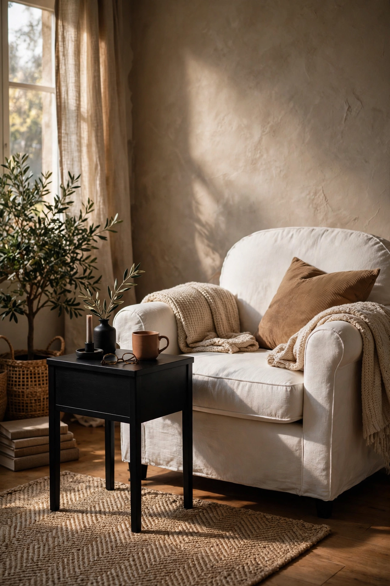 Small side table painted satin black beside a white armchair in a living room