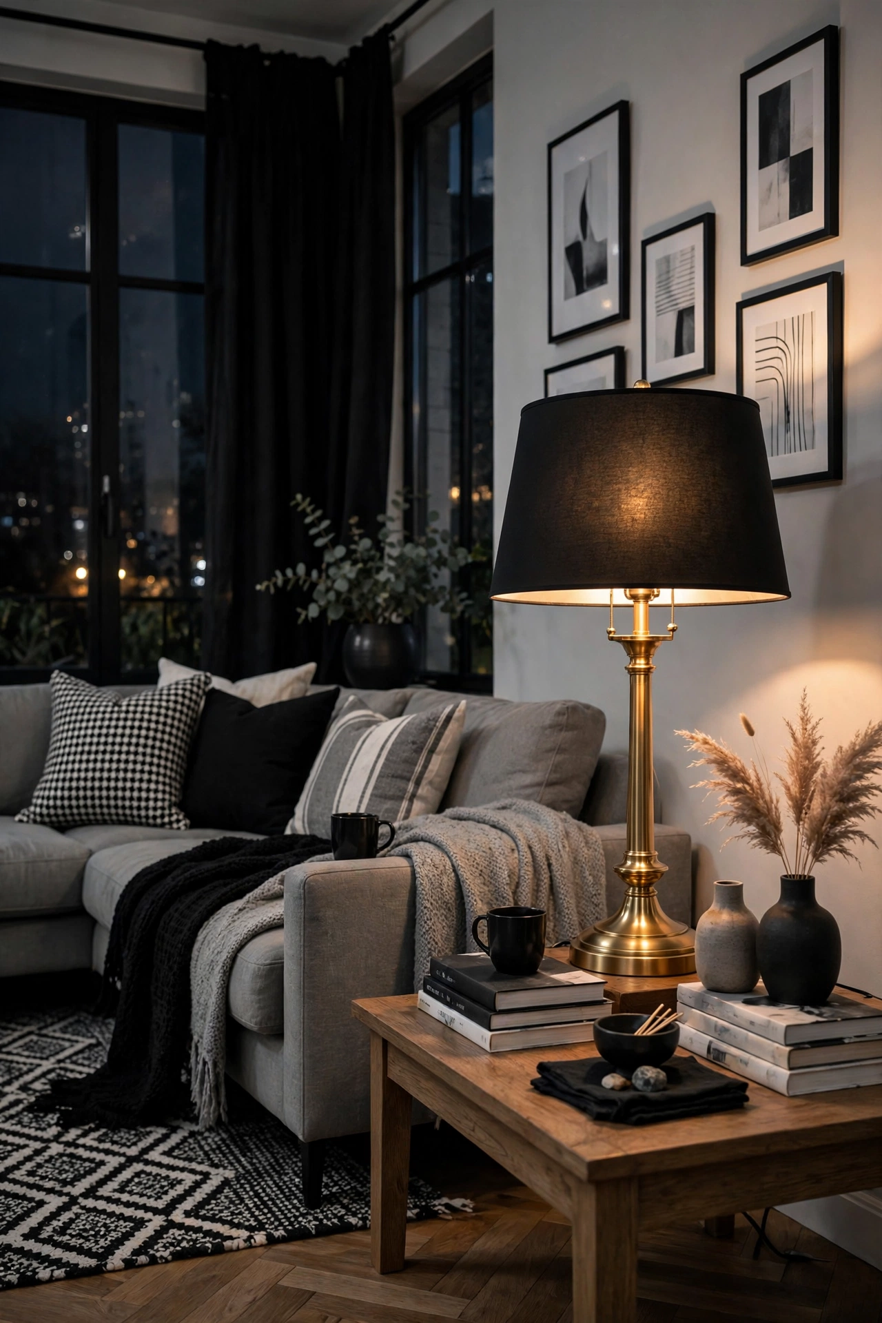 Black drum lampshade on a brass lamp base in a stylish black and white living room