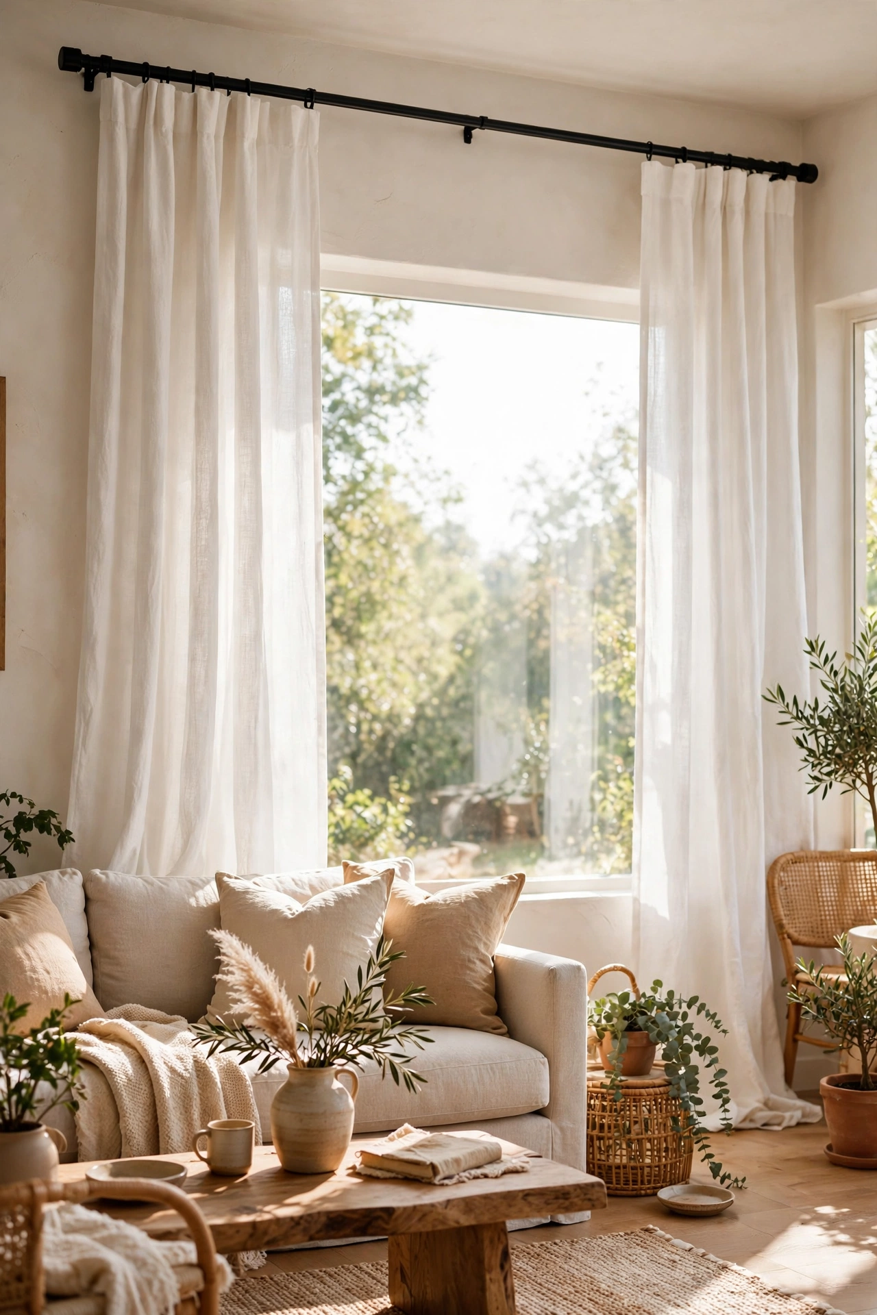 Crisp white curtains hanging from a matte black curtain rod in a living room