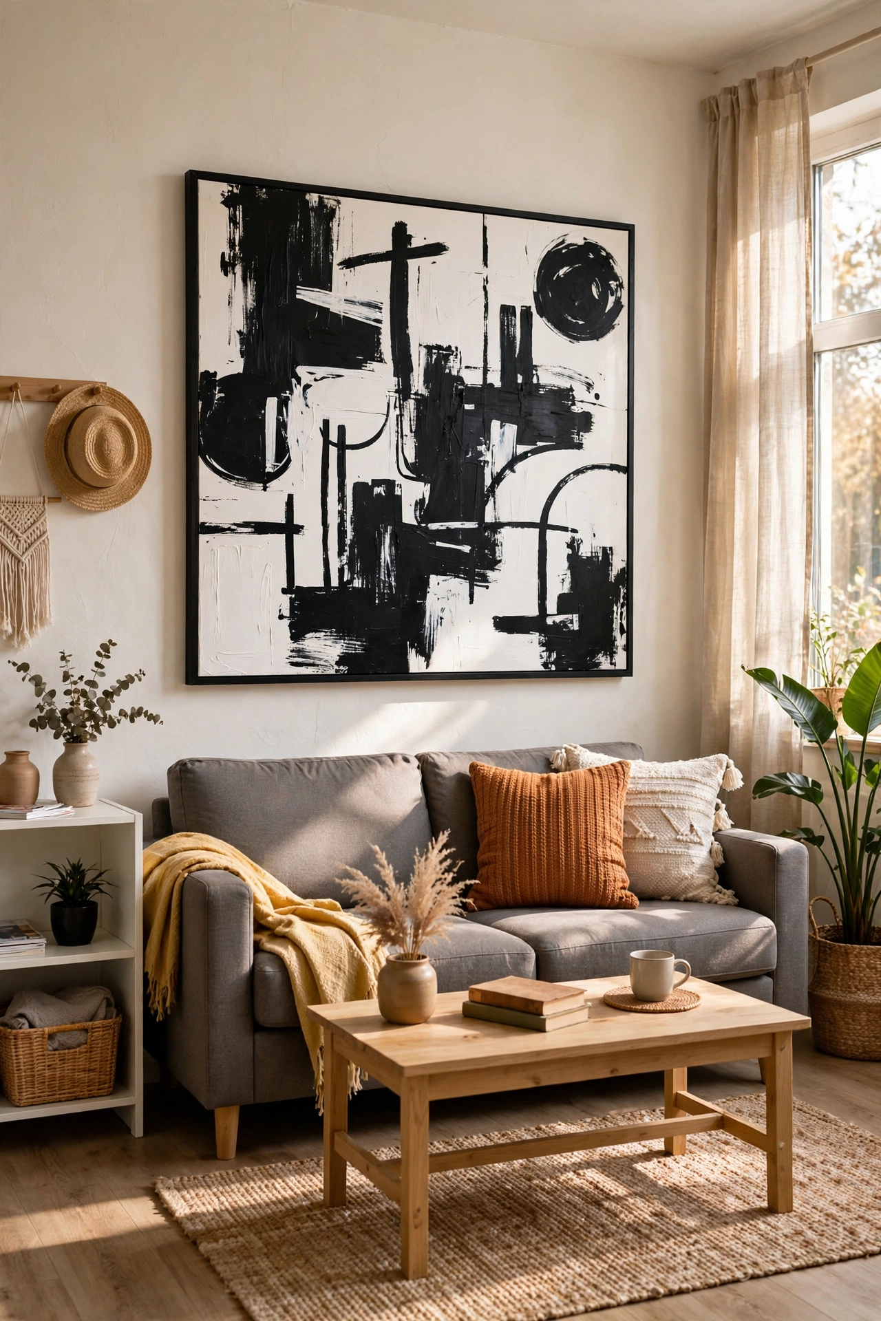 Bold DIY black and white abstract painting above a neutral living room sofa