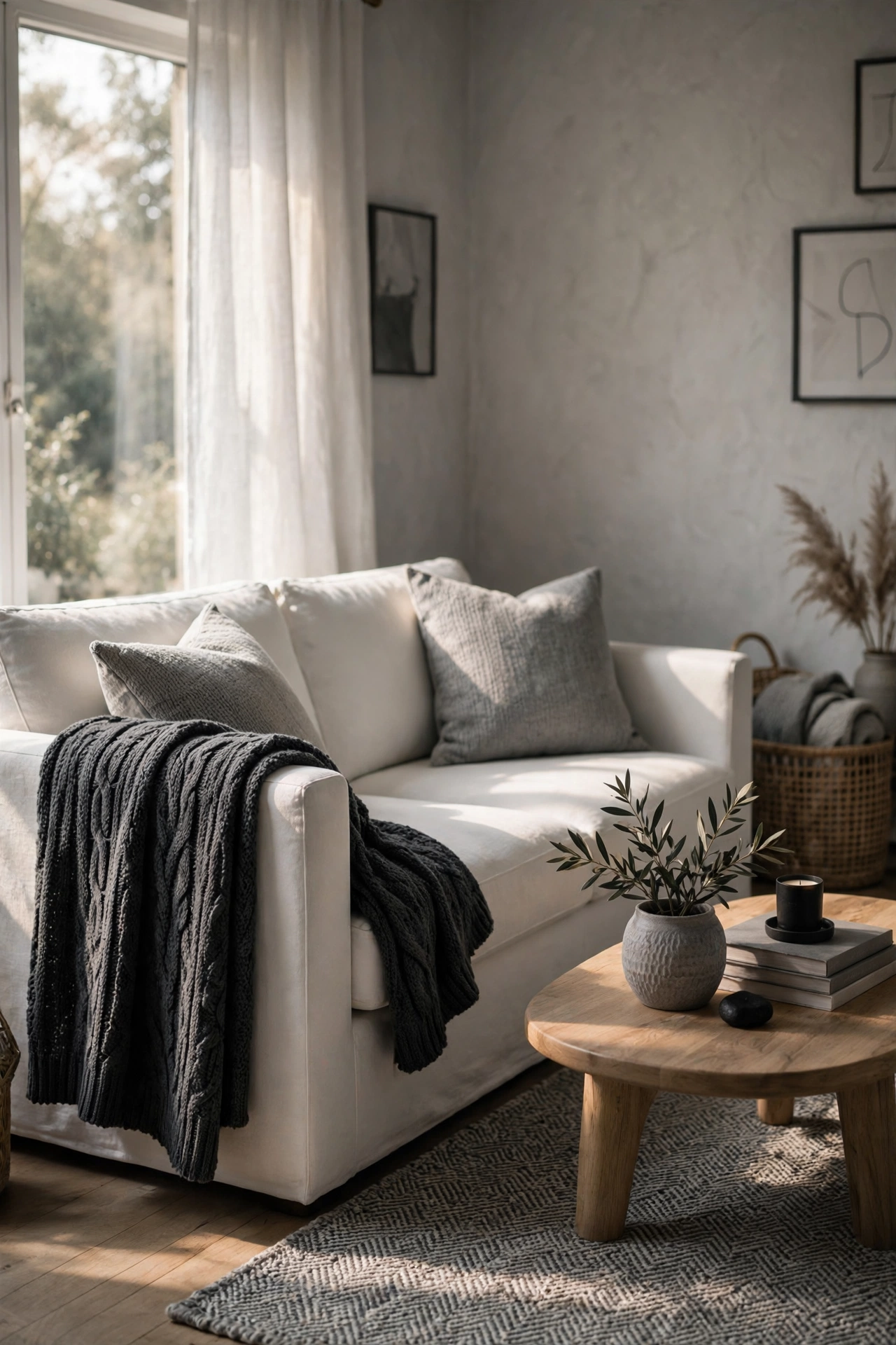 Charcoal knit throw blanket neatly folded over a white sofa arm