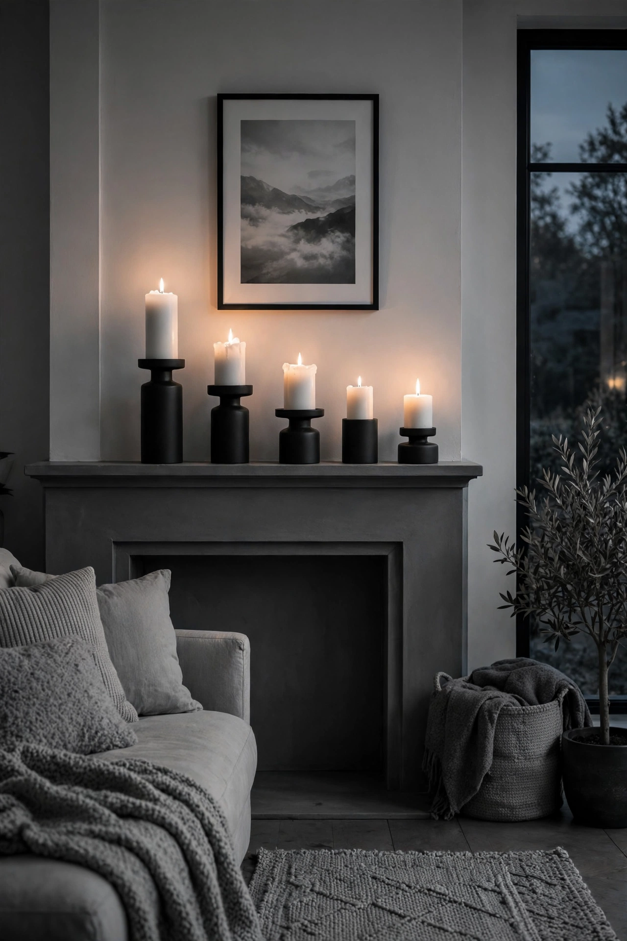 White pillar candles in matte black holders styled on a living room mantel