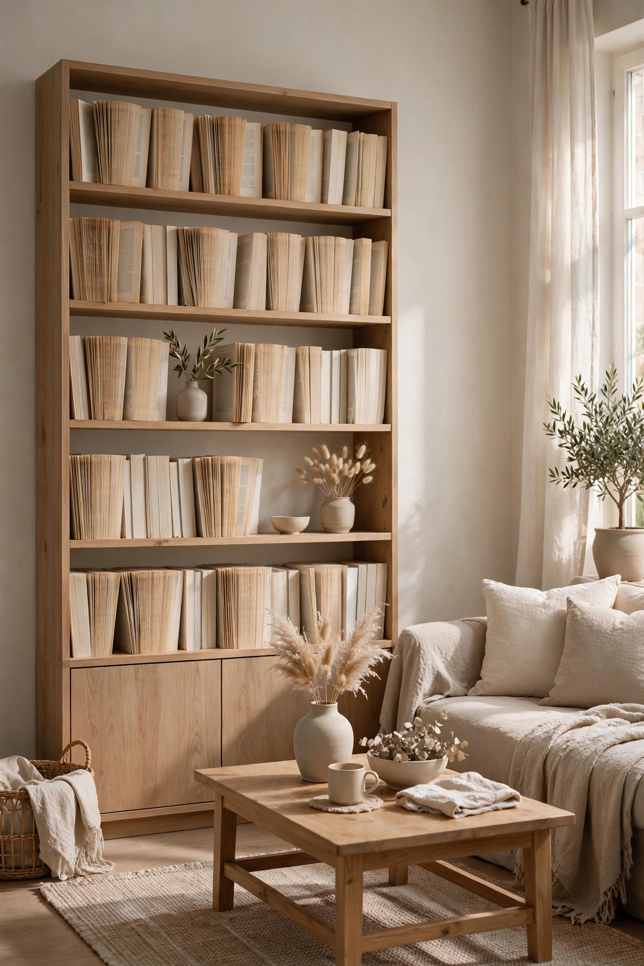 Bookshelf styled with books turned pages-out for a soft black and white look