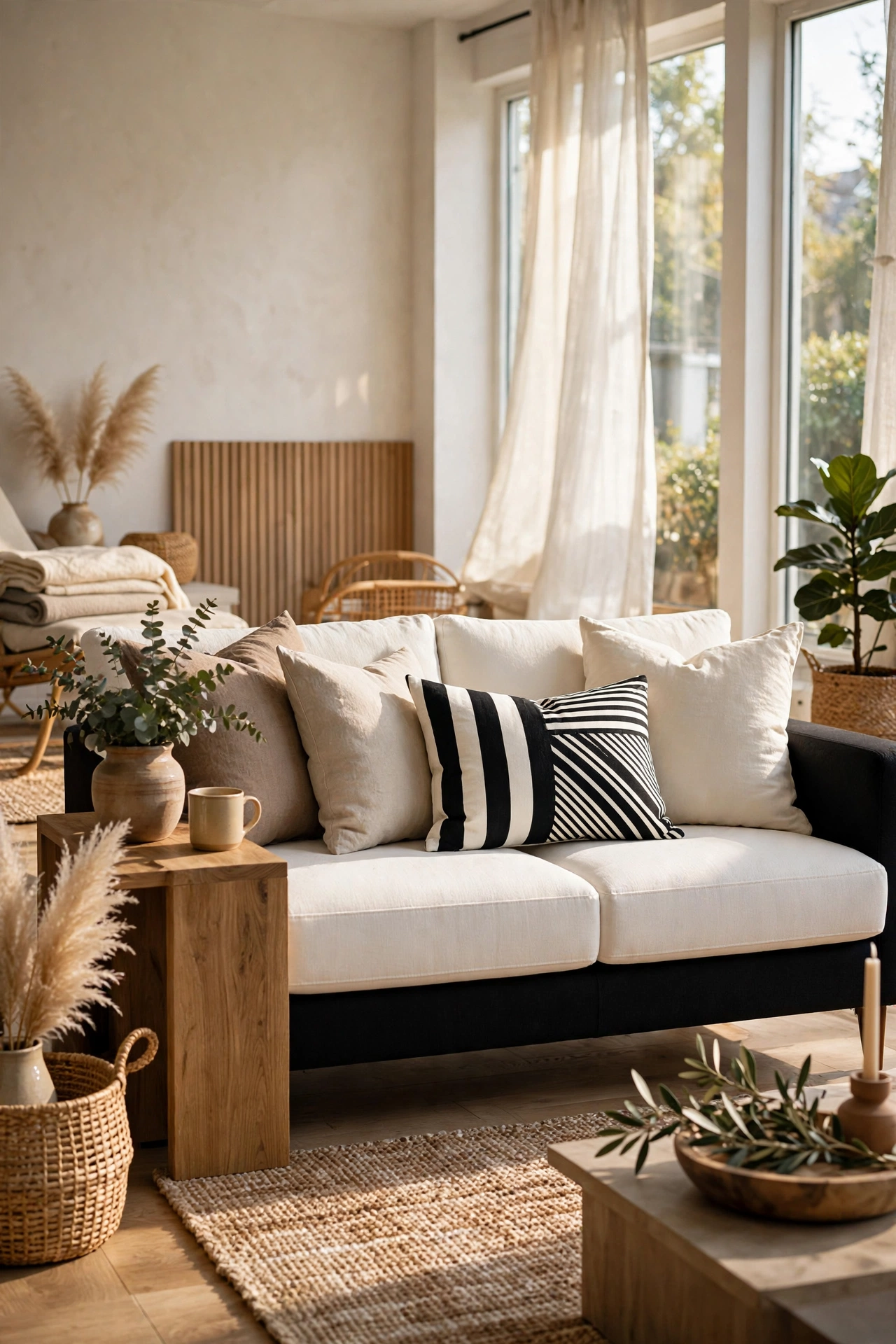 Bold graphic striped lumbar pillow on a black and white living room sofa