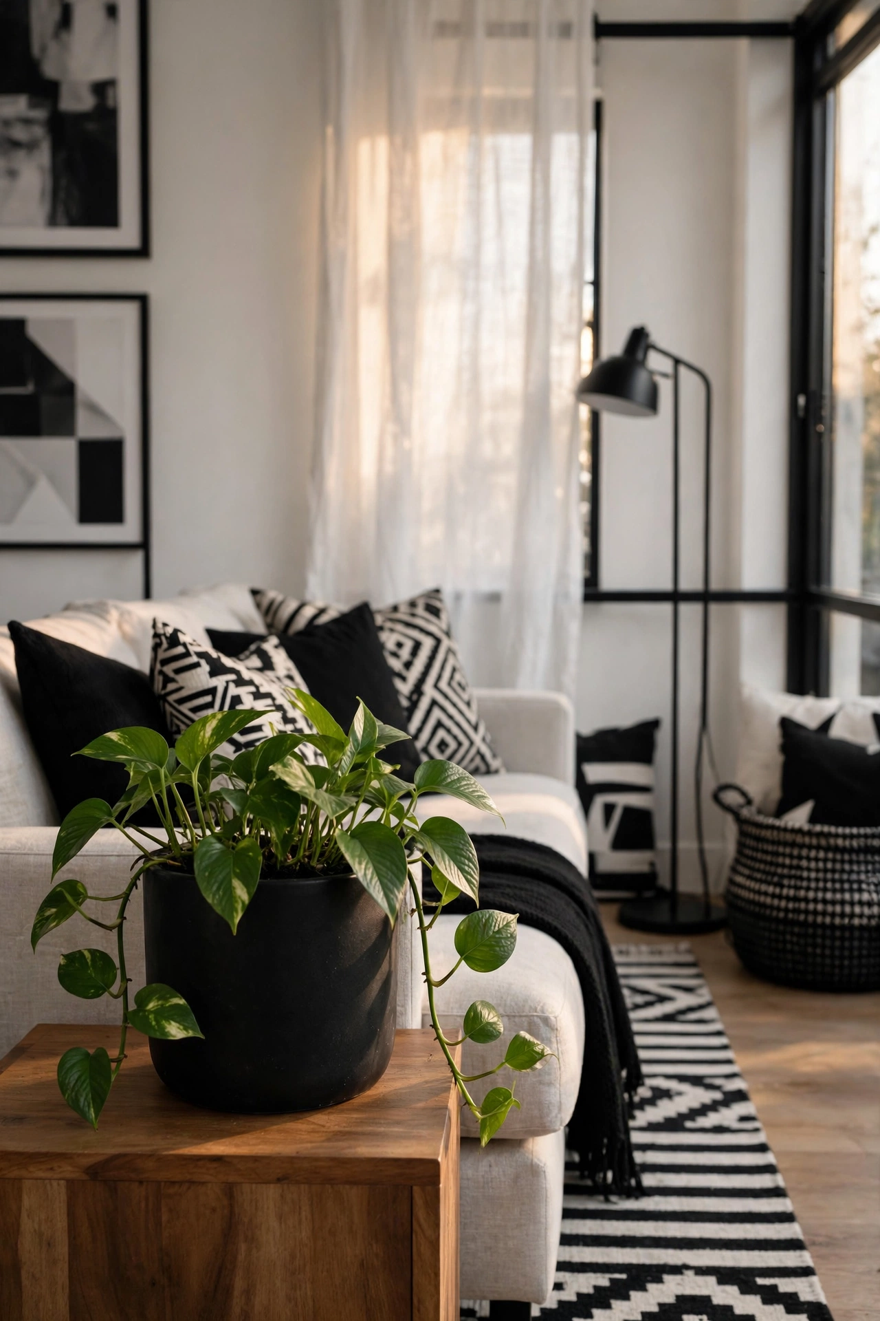Lush green plant in a matte black planter adding life to a monochrome living room
