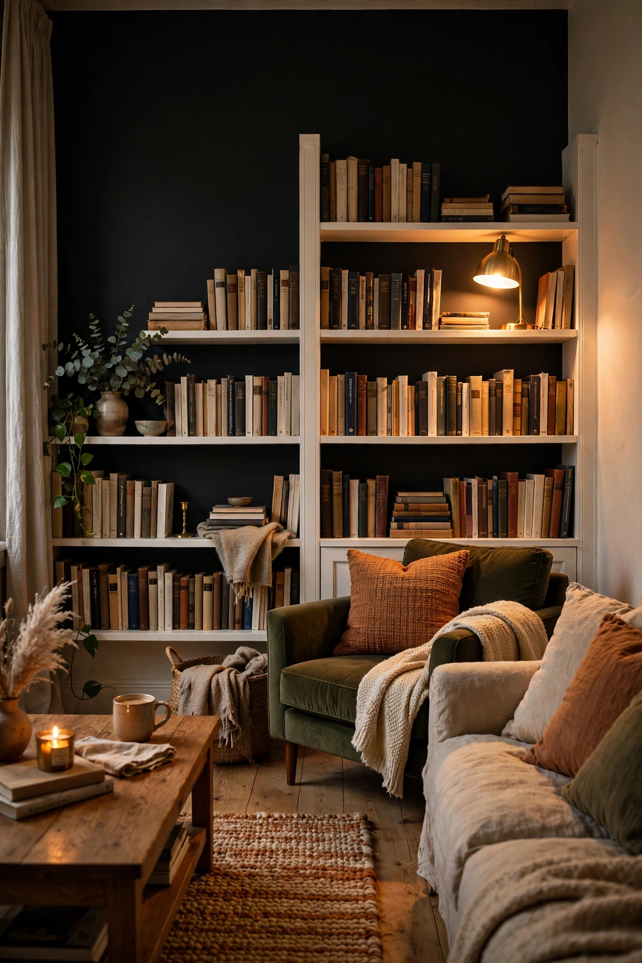 Dramatic black accent wall behind white bookshelves in a cozy living room