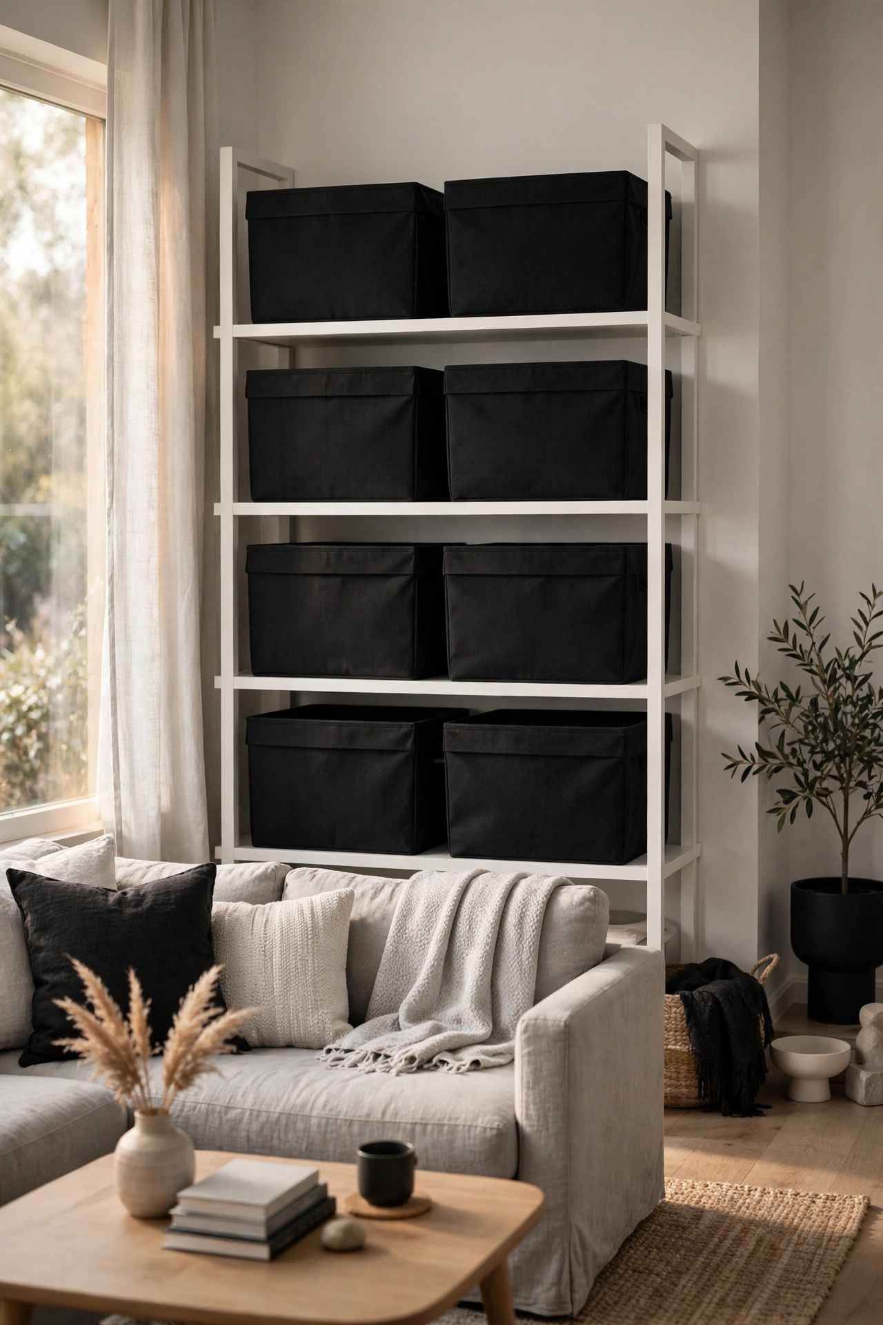 Black fabric storage bins on white shelving keeping a monochrome living room tidy