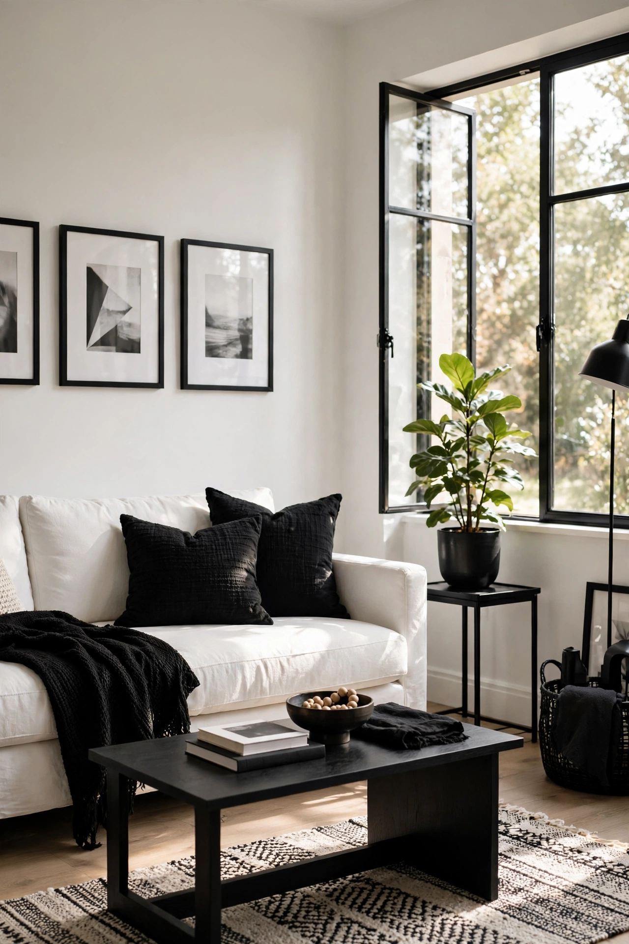 Balanced black and white living room following the 60-30-10 decorating rule