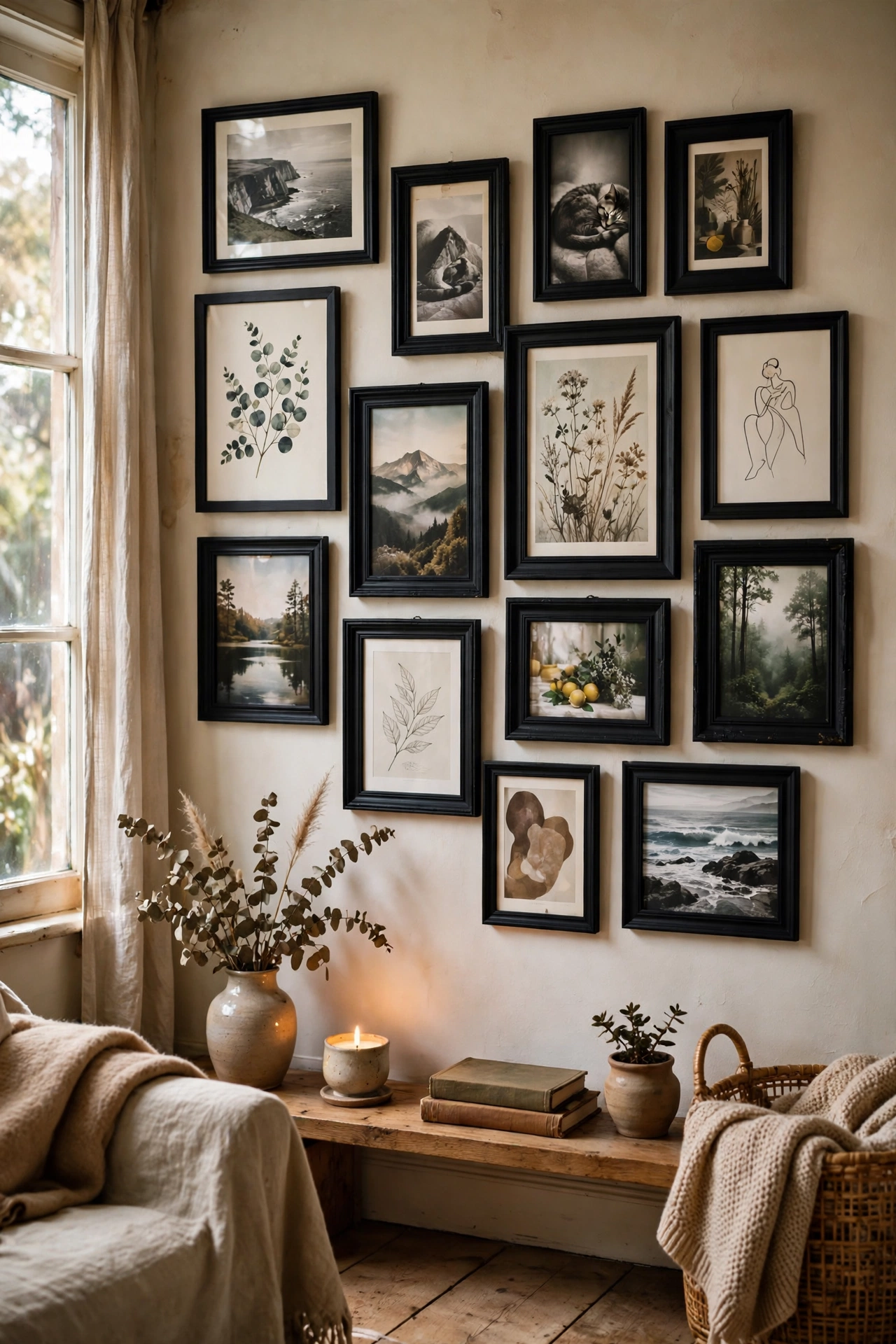 Thrift store frames spray-painted one colour hung as a gallery wall in a living room
