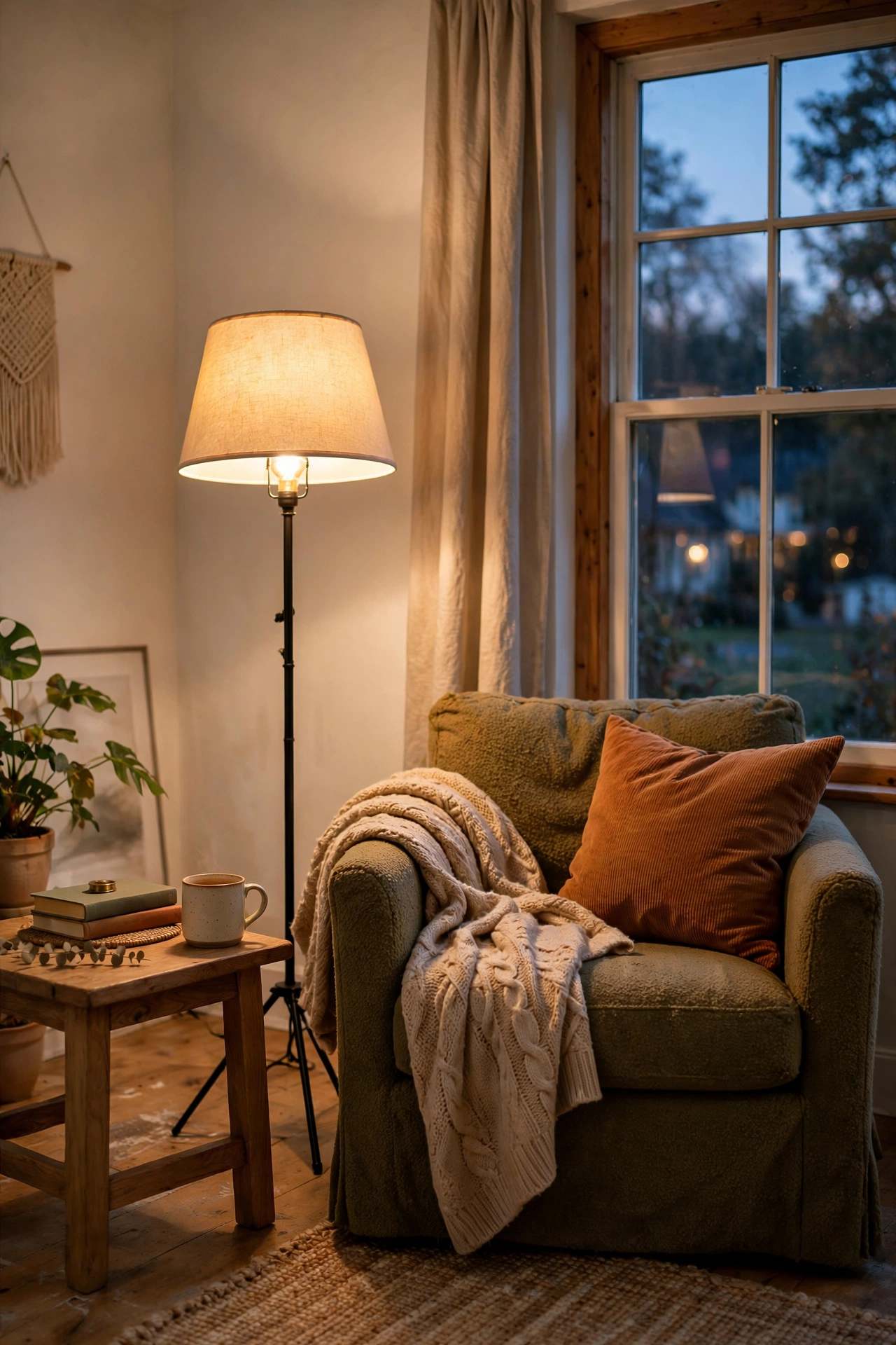 Clearance floor lamp with warm bulb glowing in the dark corner of a living room