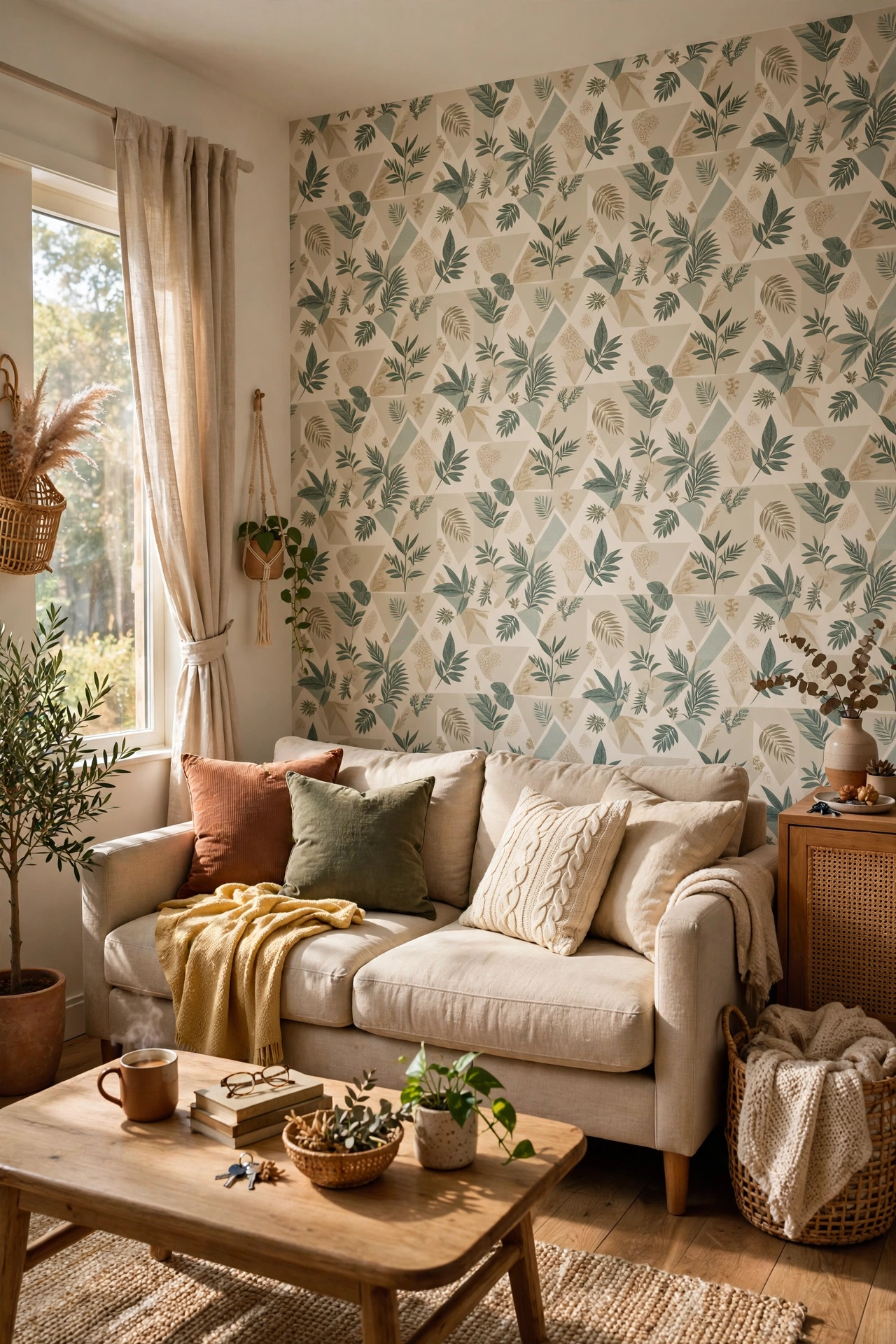 Peel-and-stick wallpaper accent wall with pattern behind a living room sofa