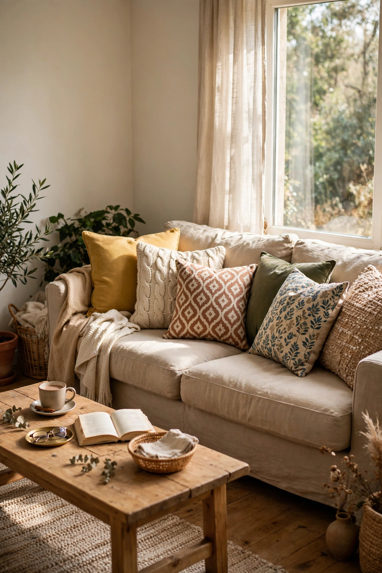 Sofa refreshed with new cushion covers in mixed solid pattern and texture