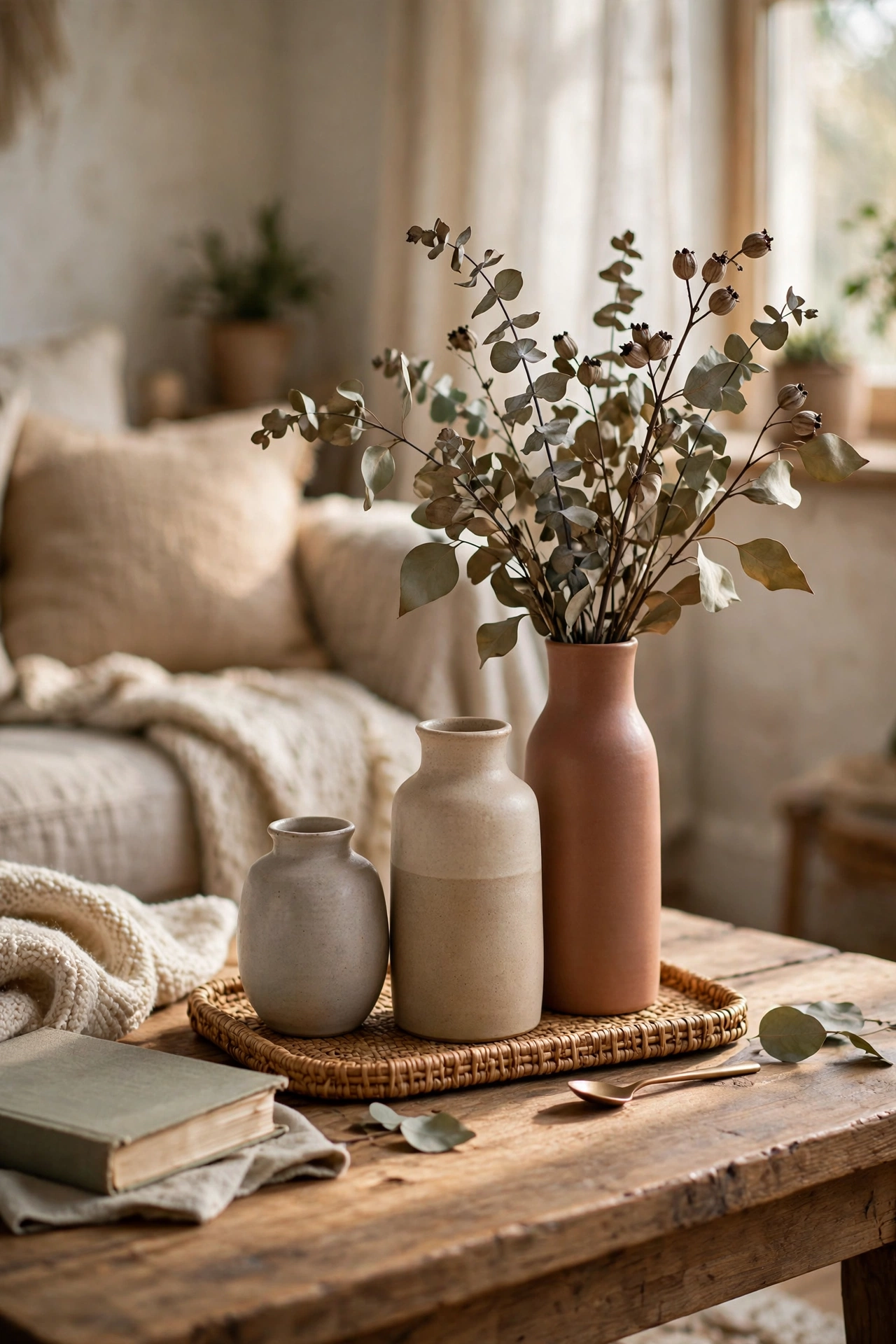 Trio of dollar-store vases in different heights arranged on a coffee table tray