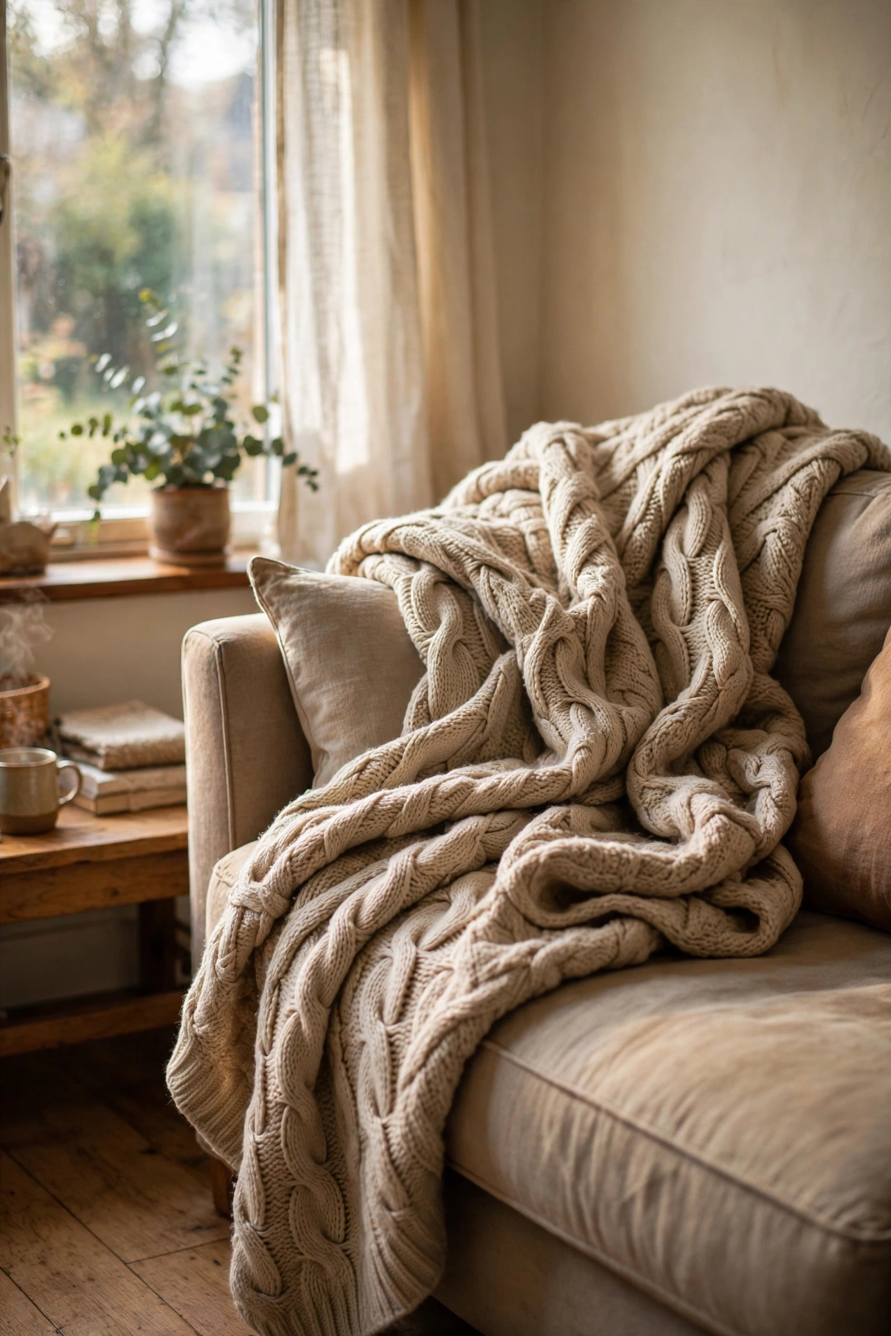 Oversized cozy throw blanket draped over the corner of a living room sofa