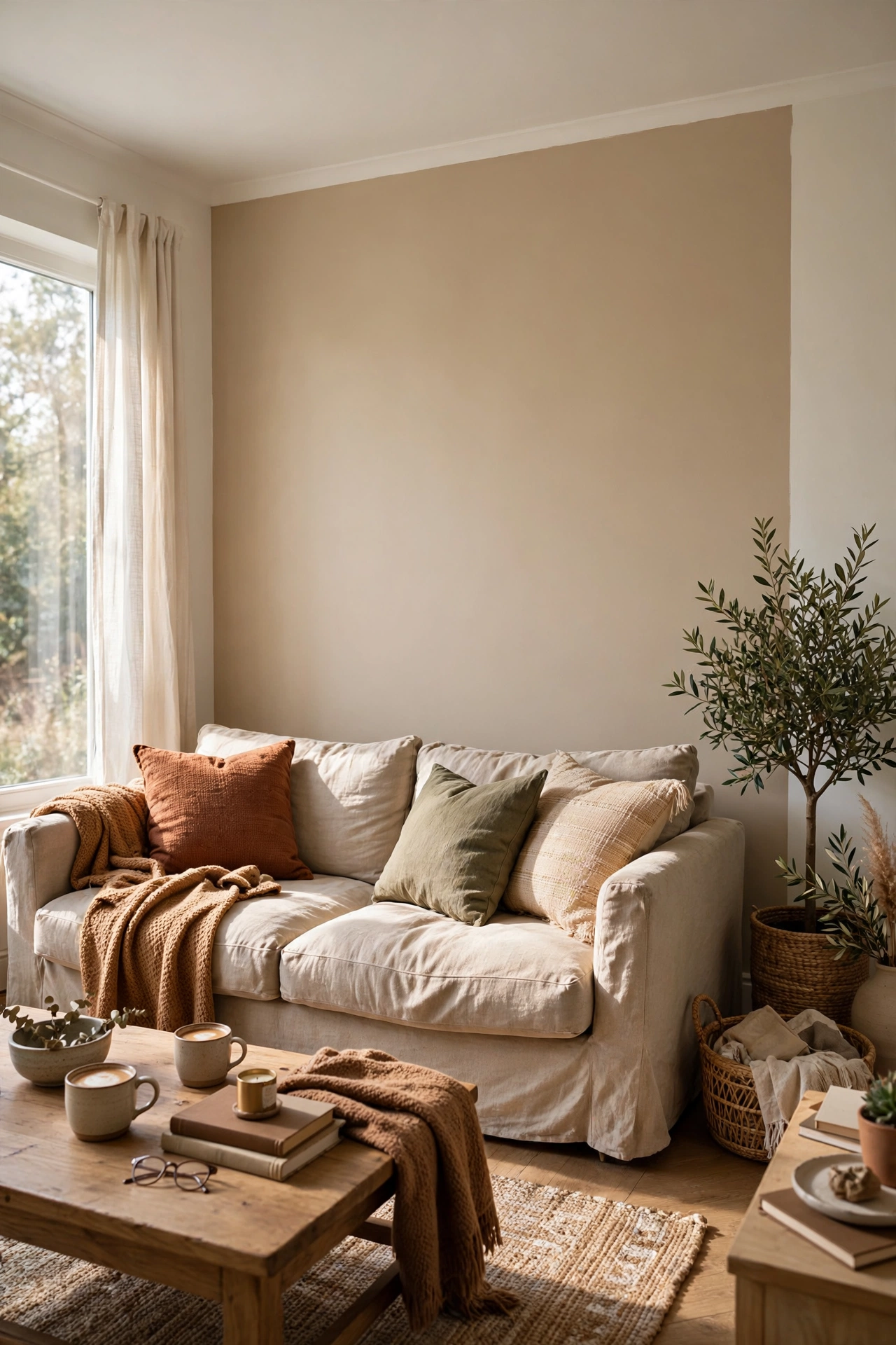Single freshly painted accent wall in warm greige behind a living room sofa