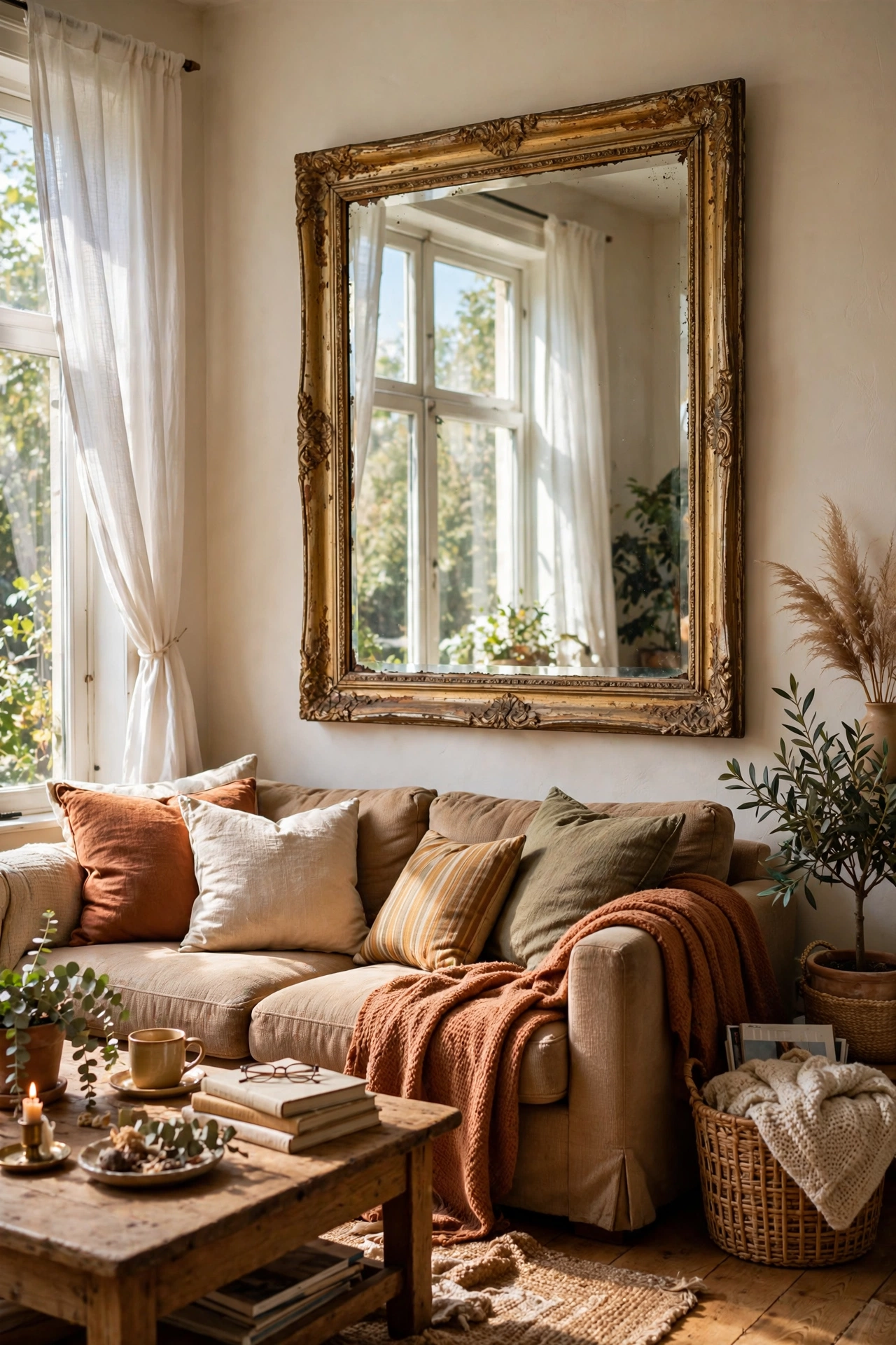 Large thrifted mirror hung to reflect a window and brighten a living room