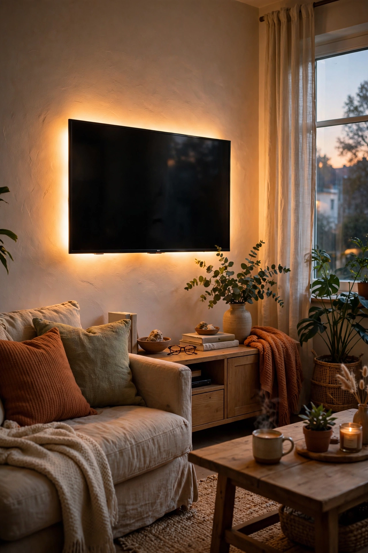 TV with warm LED strip lights glowing behind it in a cozy evening living room
