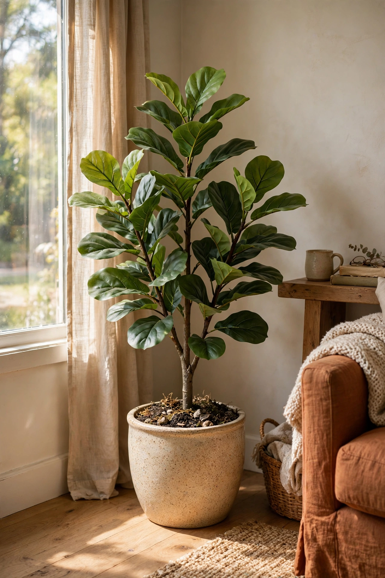 Realistic faux fig plant in a ceramic pot in the corner of a living room