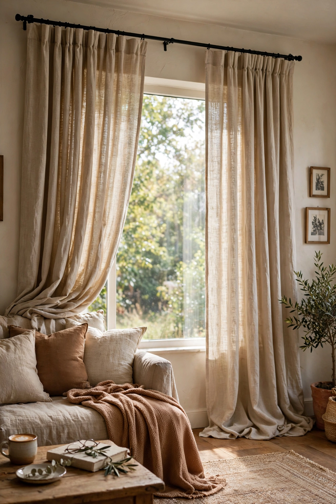 Living room window with new linen-look curtain panels hung high and wide