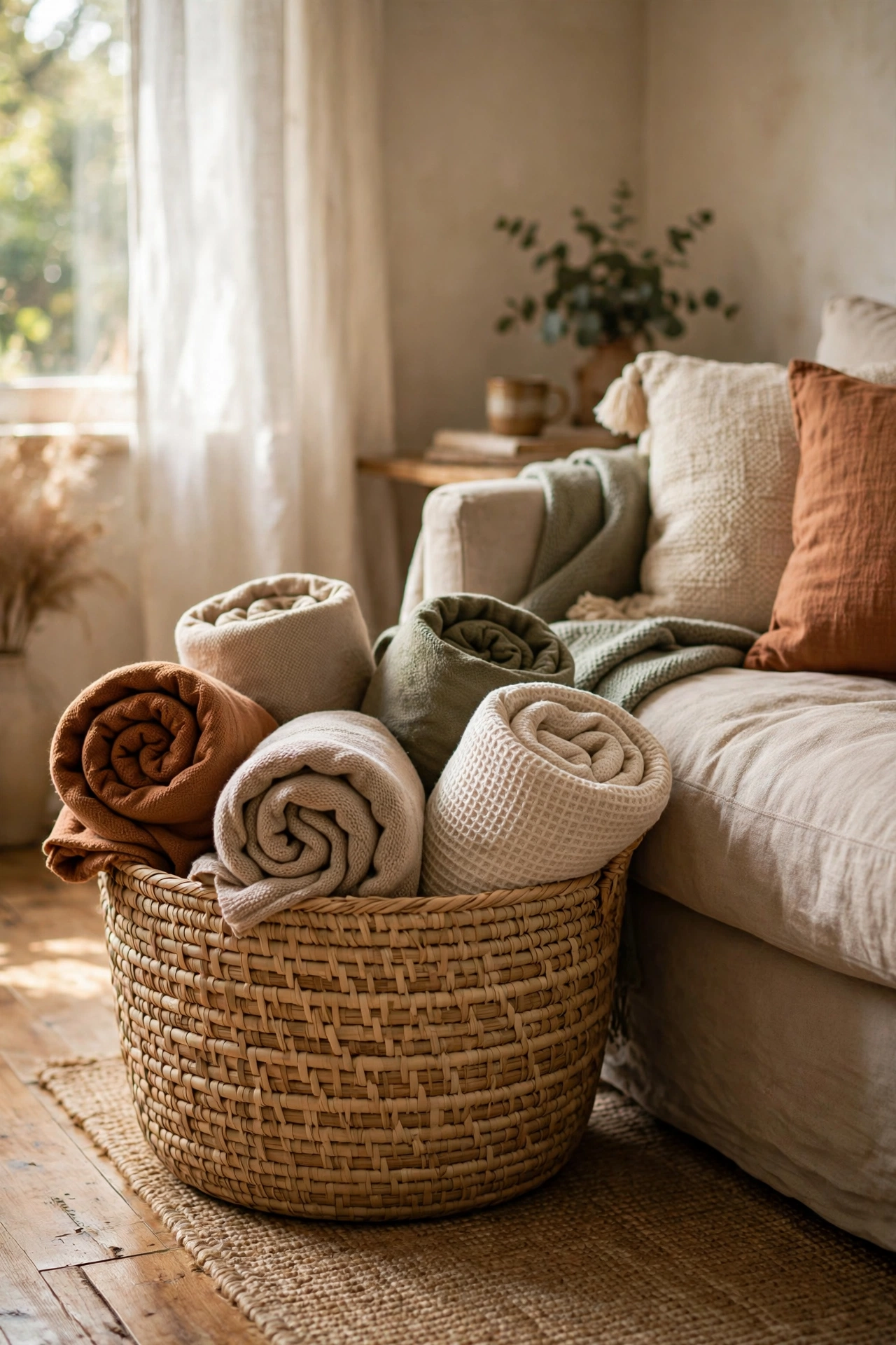 Large woven basket with rolled throws tucked beside a living room sofa