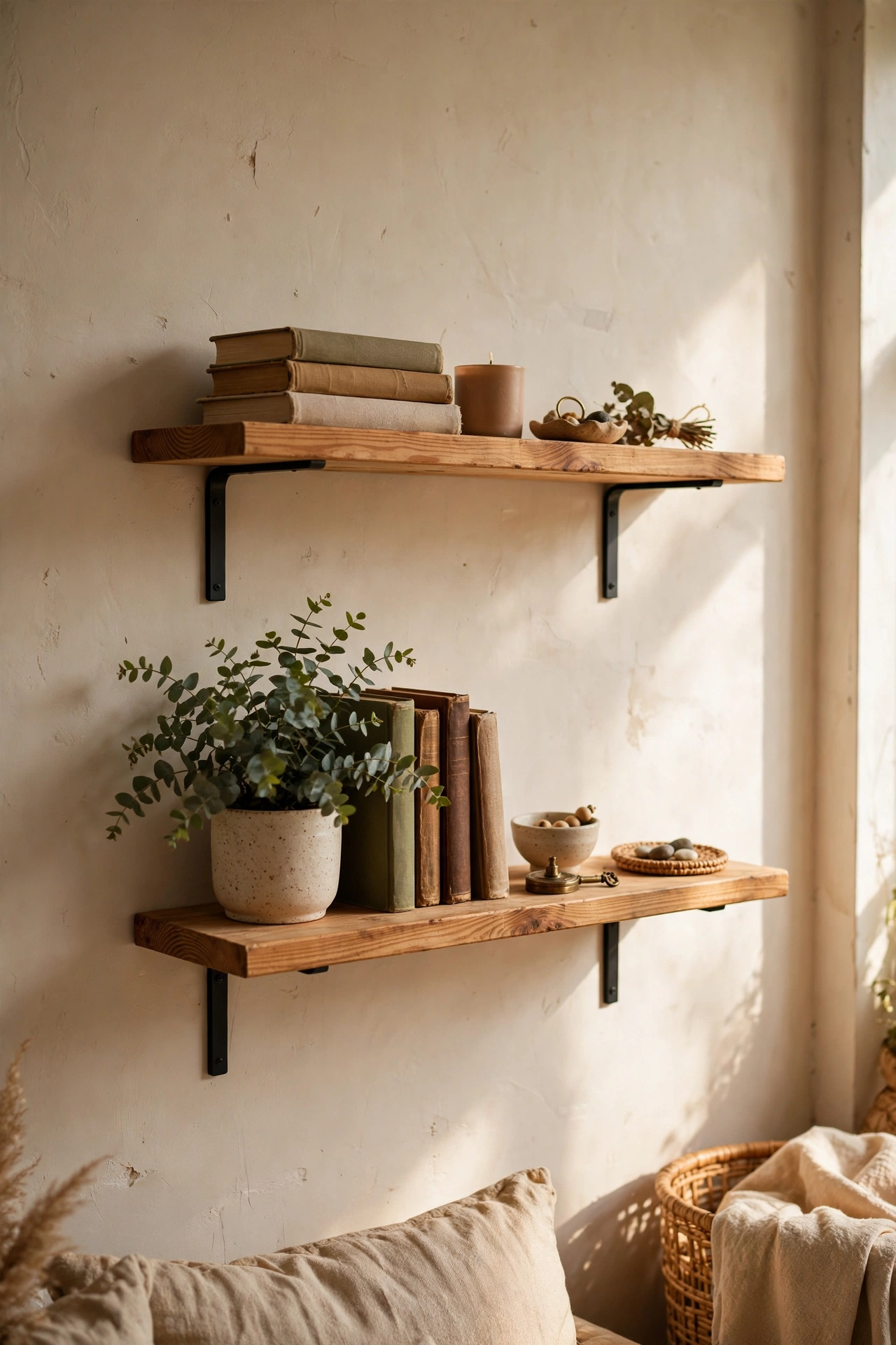 Two DIY floating pine shelves with black brackets styled with books and plants