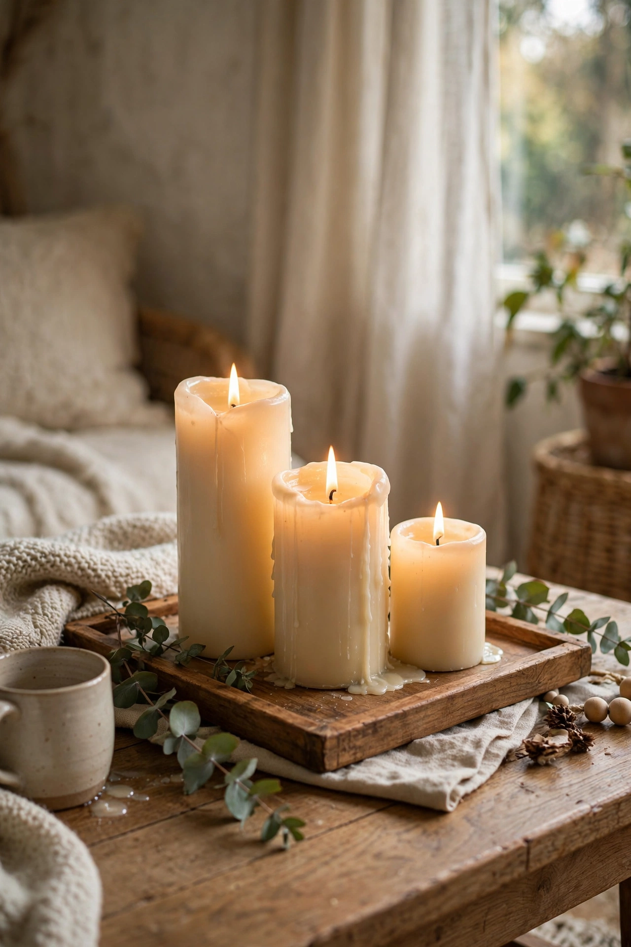 Cluster of cream pillar candles in three heights on a tray on a coffee table