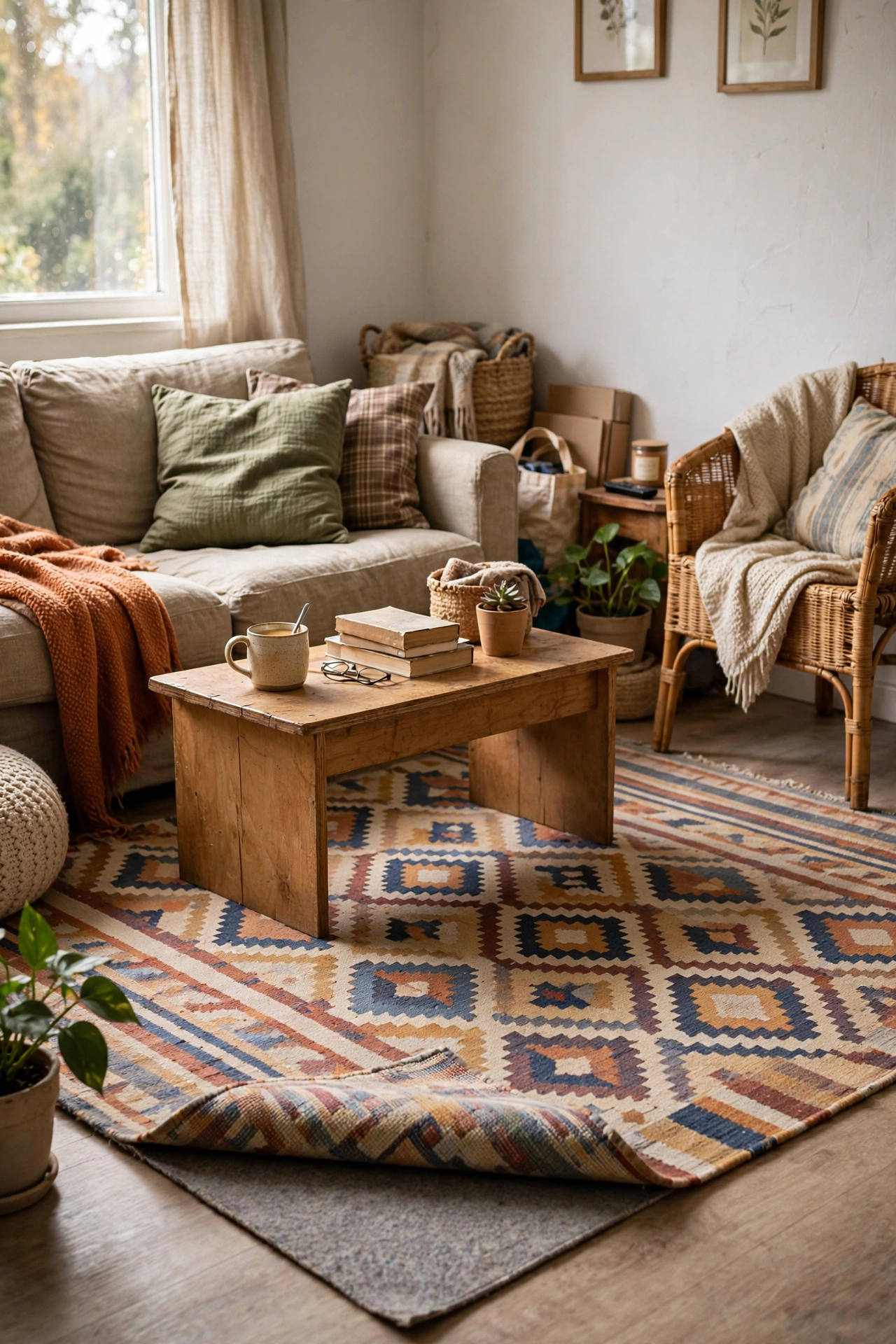 Flat-weave patterned rug anchoring a budget living room seating area
