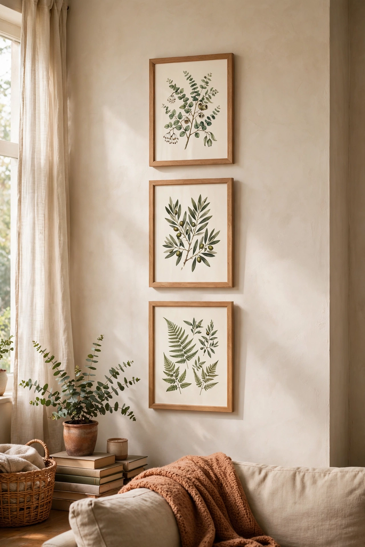 Three matching frames with free botanical printables hung as wall art