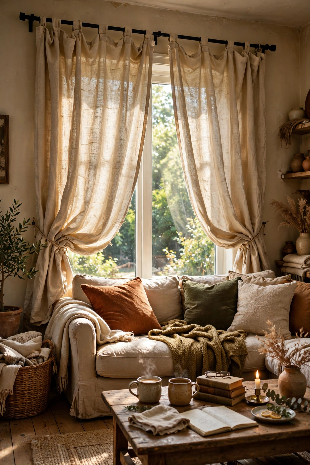 Drop cloth curtains with a relaxed linen look hanging in a bright living room