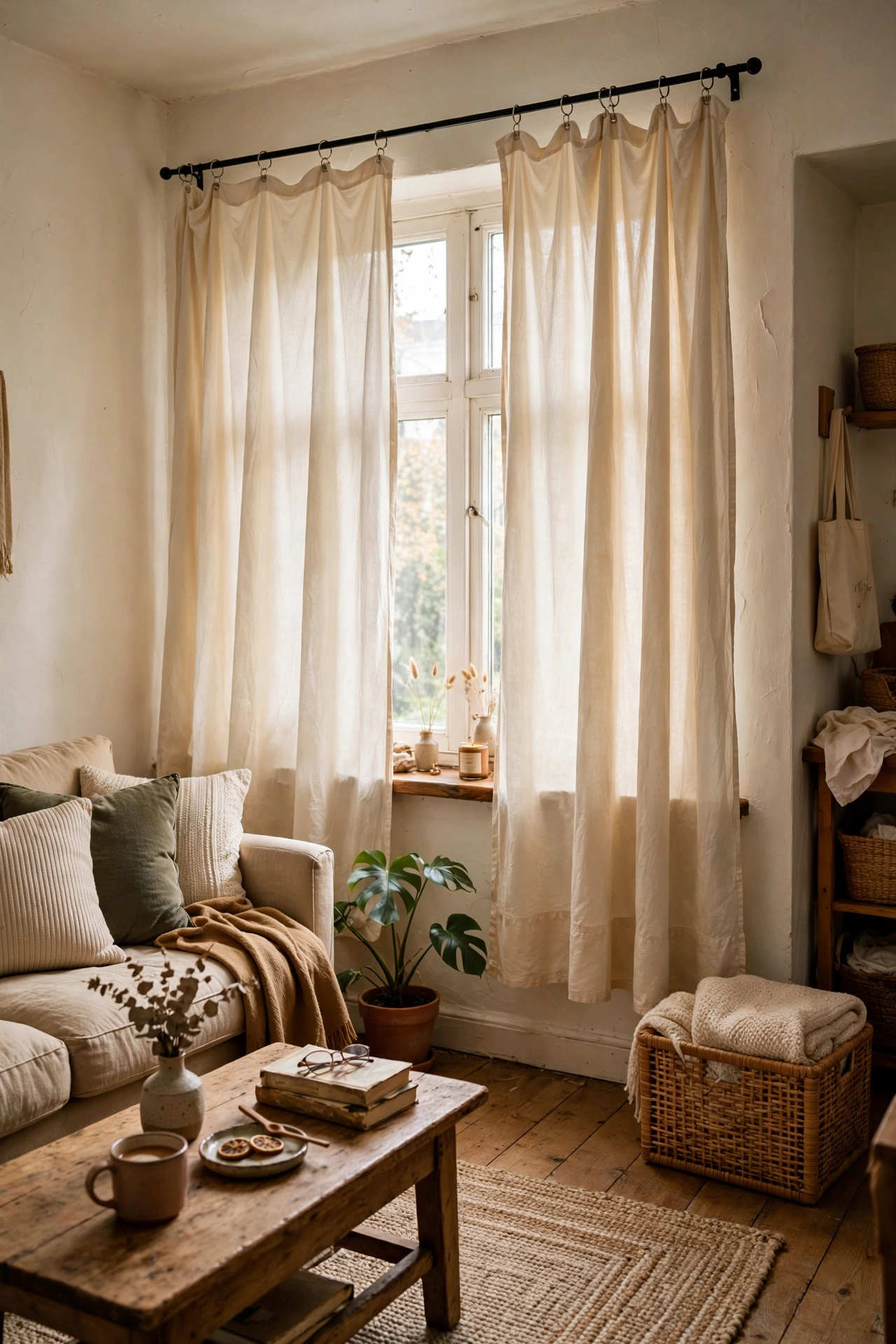 Thrifted cream flat sheets used as floor length curtain drapes