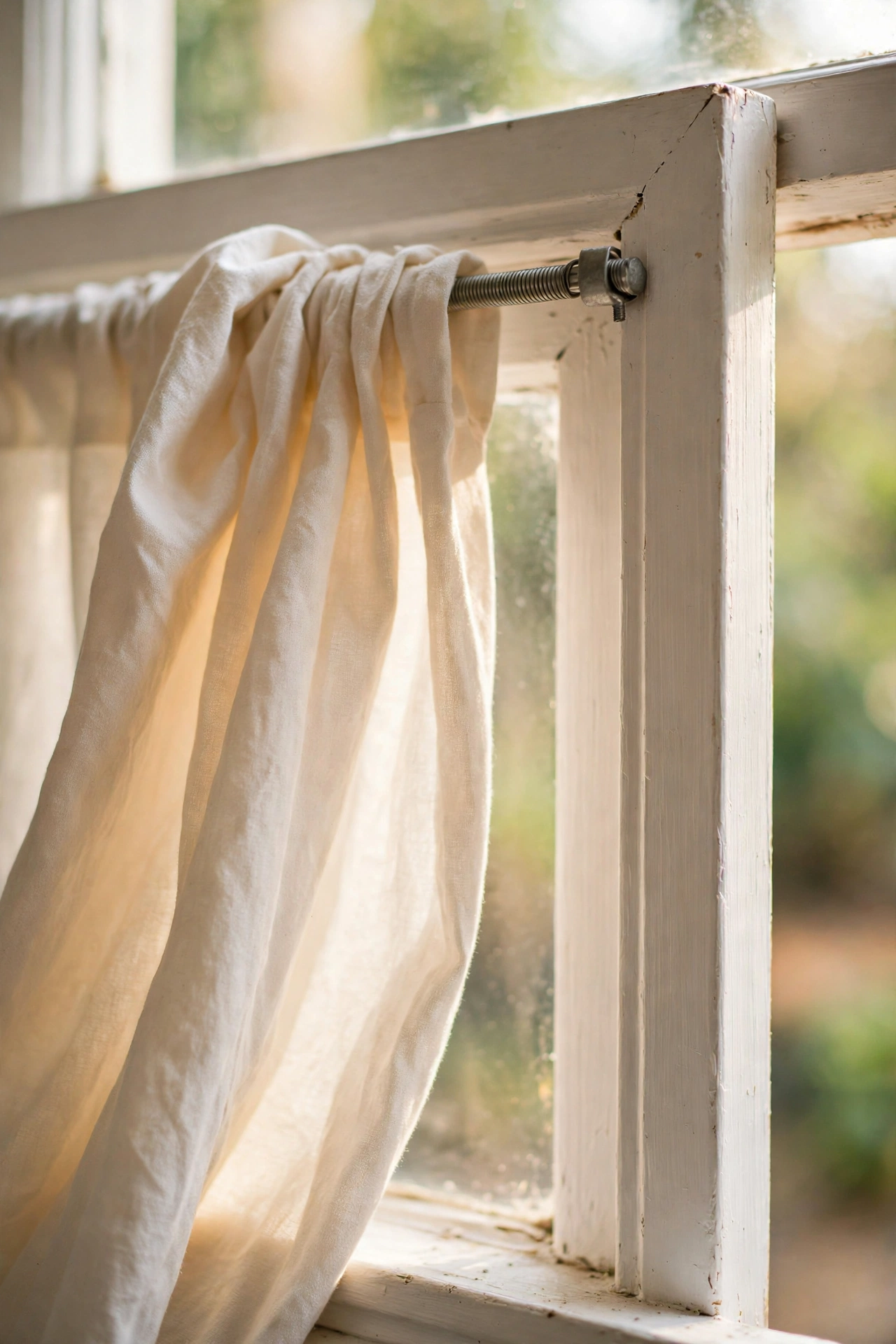 Tension rod fitted inside a window frame holding a light curtain
