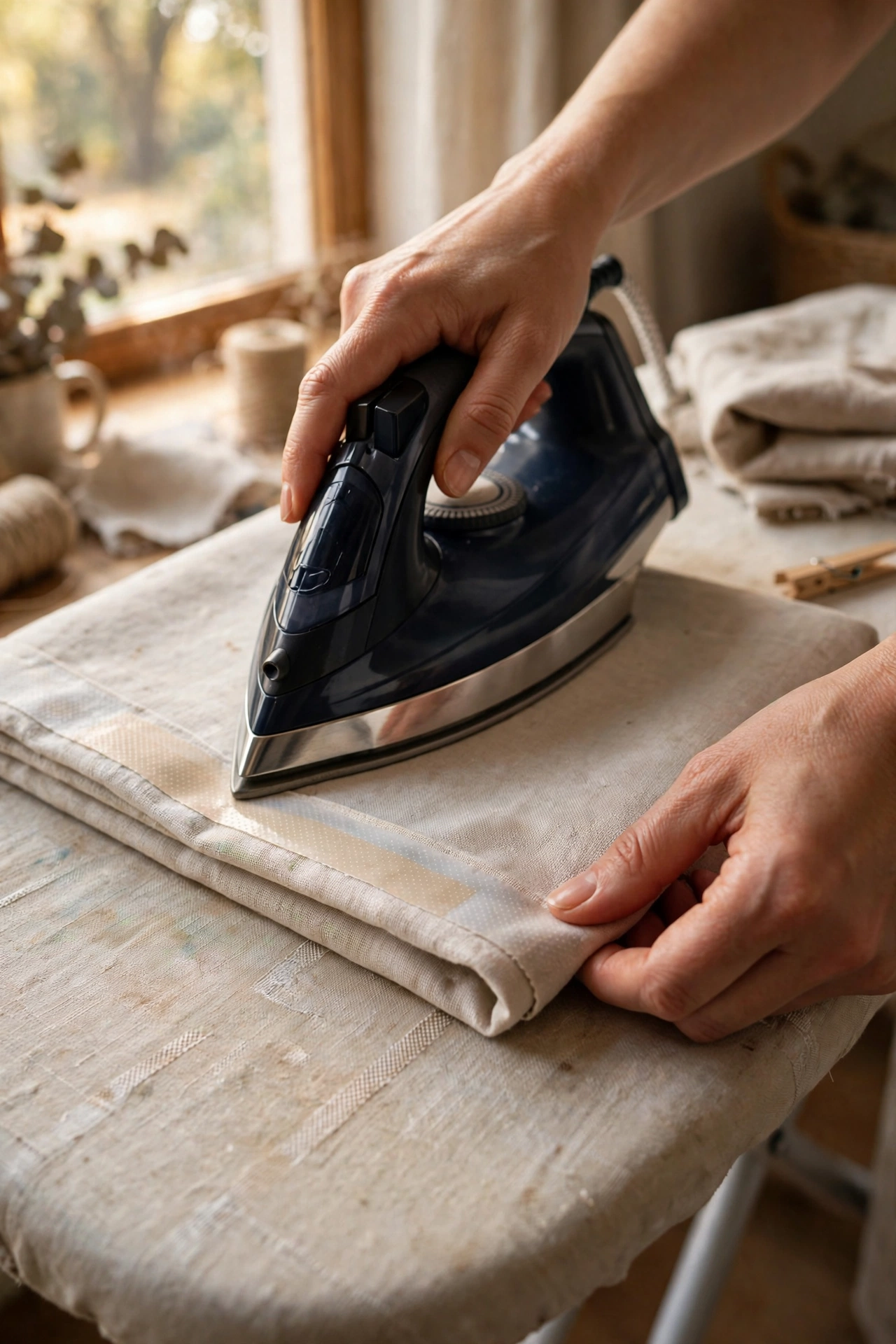 Hands ironing a no-sew hem on a curtain panel with hem tape