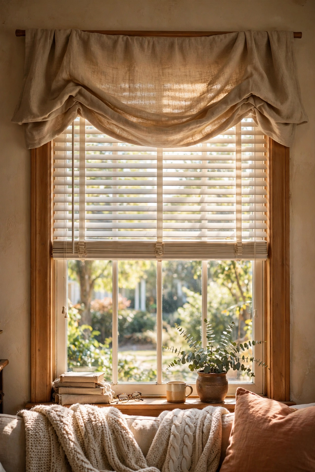 Folded flat sheet valance across the top of a living room window