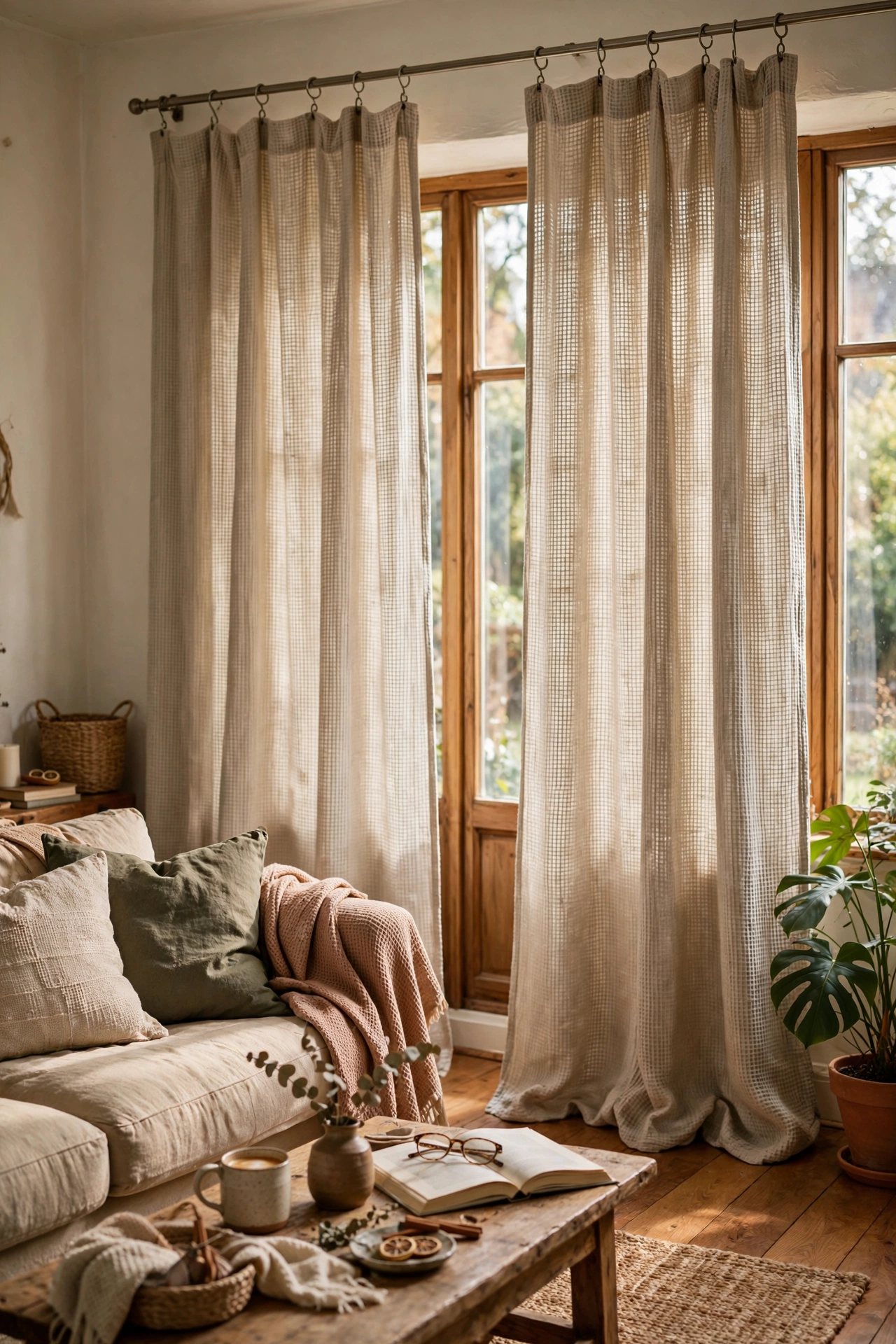 Dollar store fabric shower curtains hung as linen look drapes