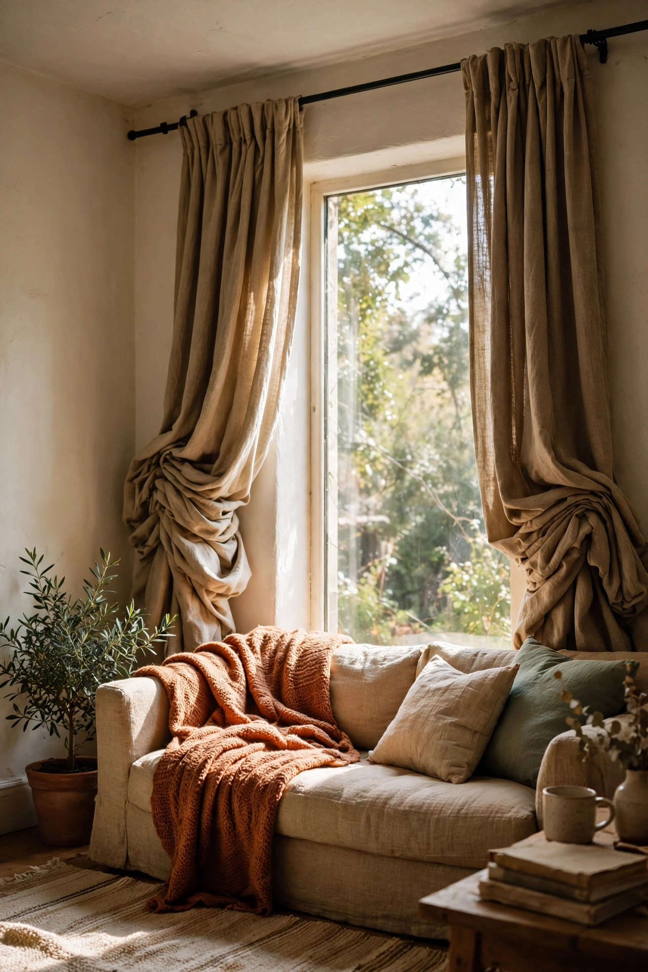 Curtain rod mounted high and wide above a living room window