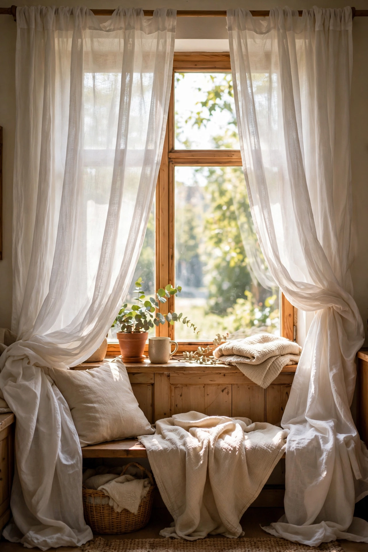 Doubled sheer curtains layered full on each side of a window