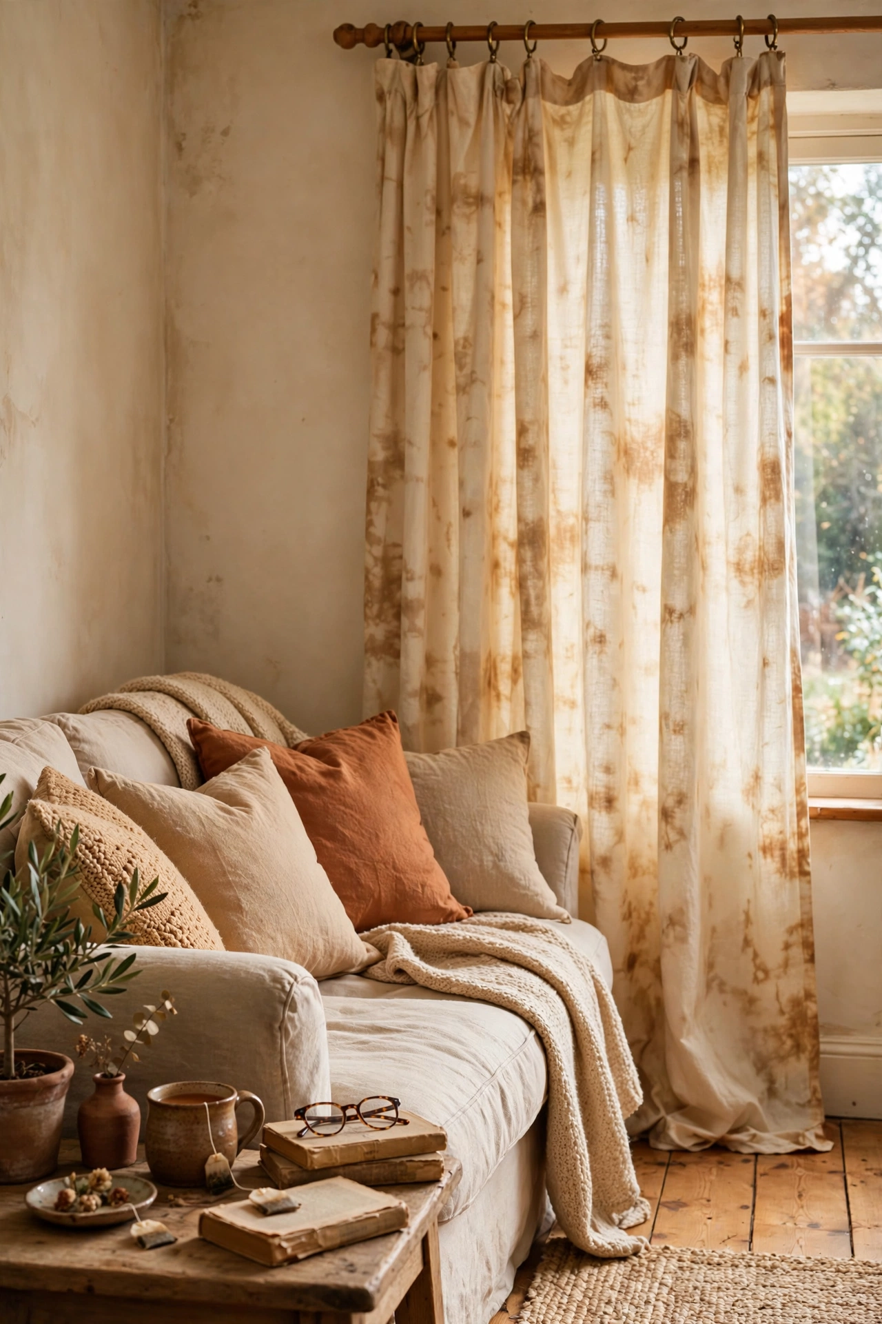 Tea-dyed ivory curtains with a warm vintage tone in a living room