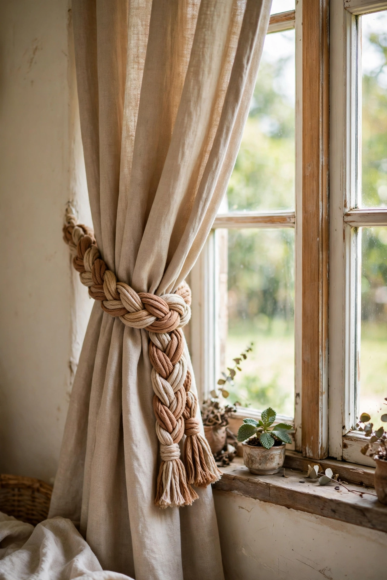 Braided fabric scrap tiebacks holding back living room curtains