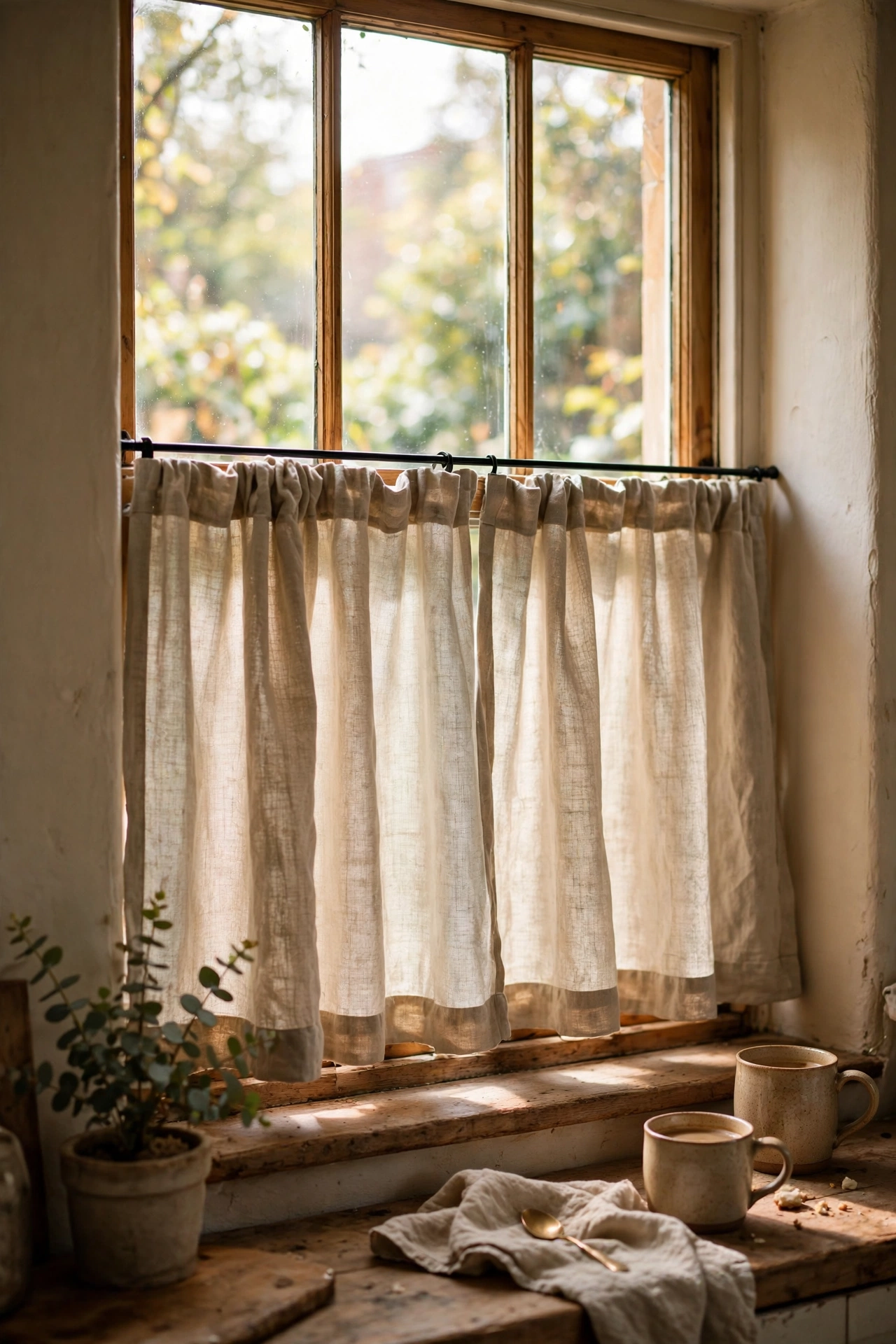 Cafe curtains covering the lower half of a street-facing window
