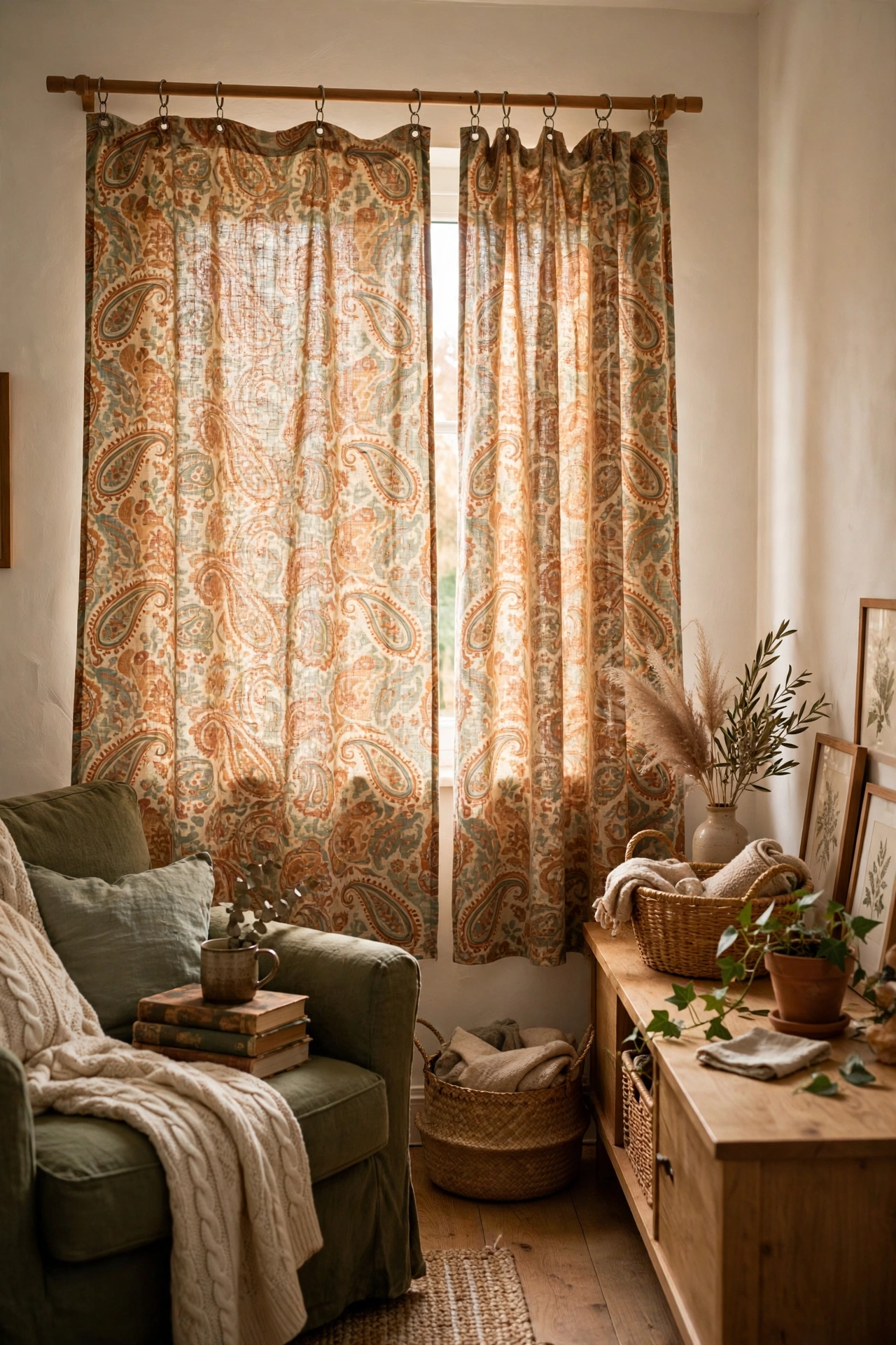 Patterned clearance tablecloth reworked as a curtain panel