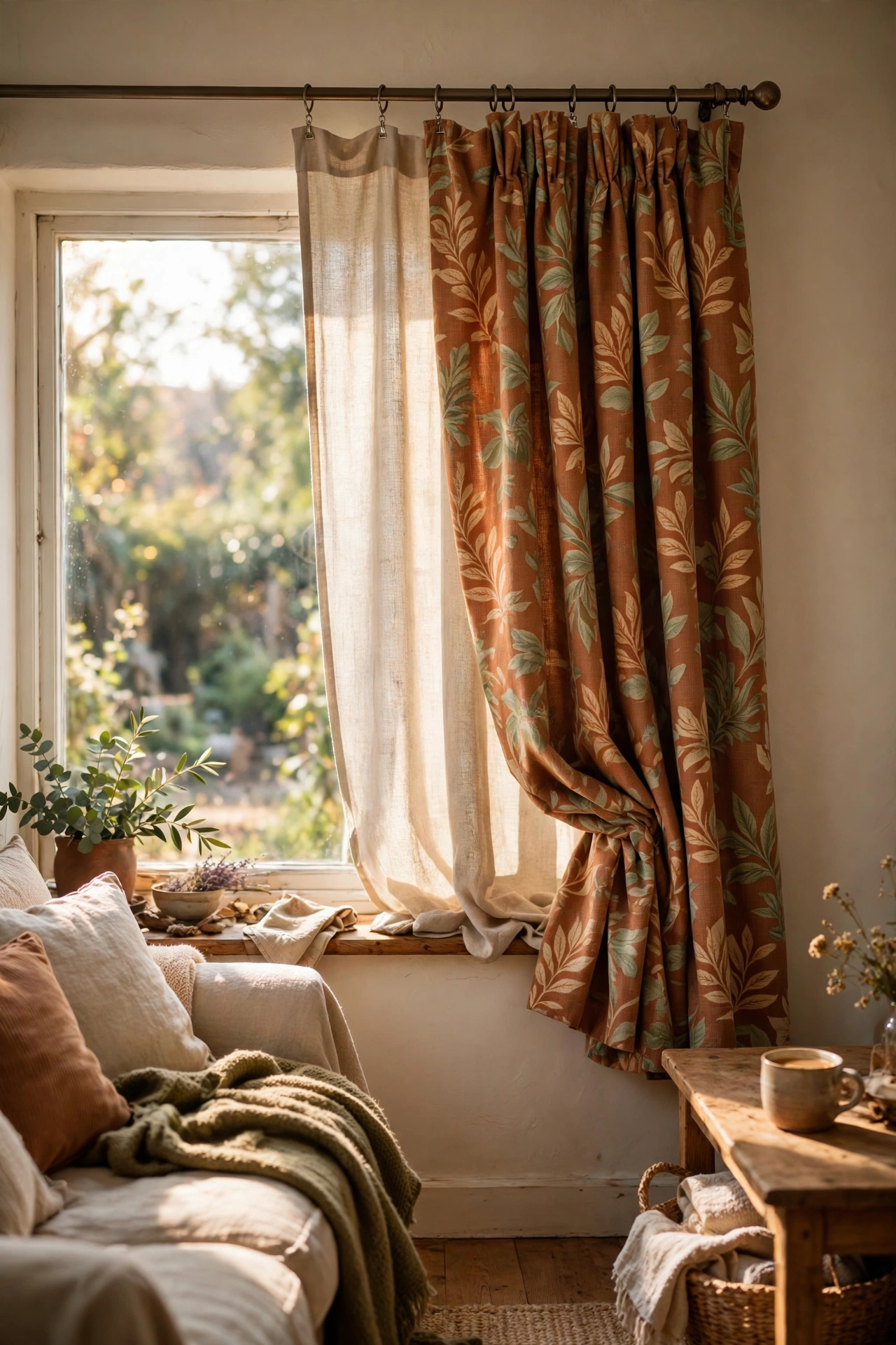 Fabric shower liner clipped behind decorative curtains as backing