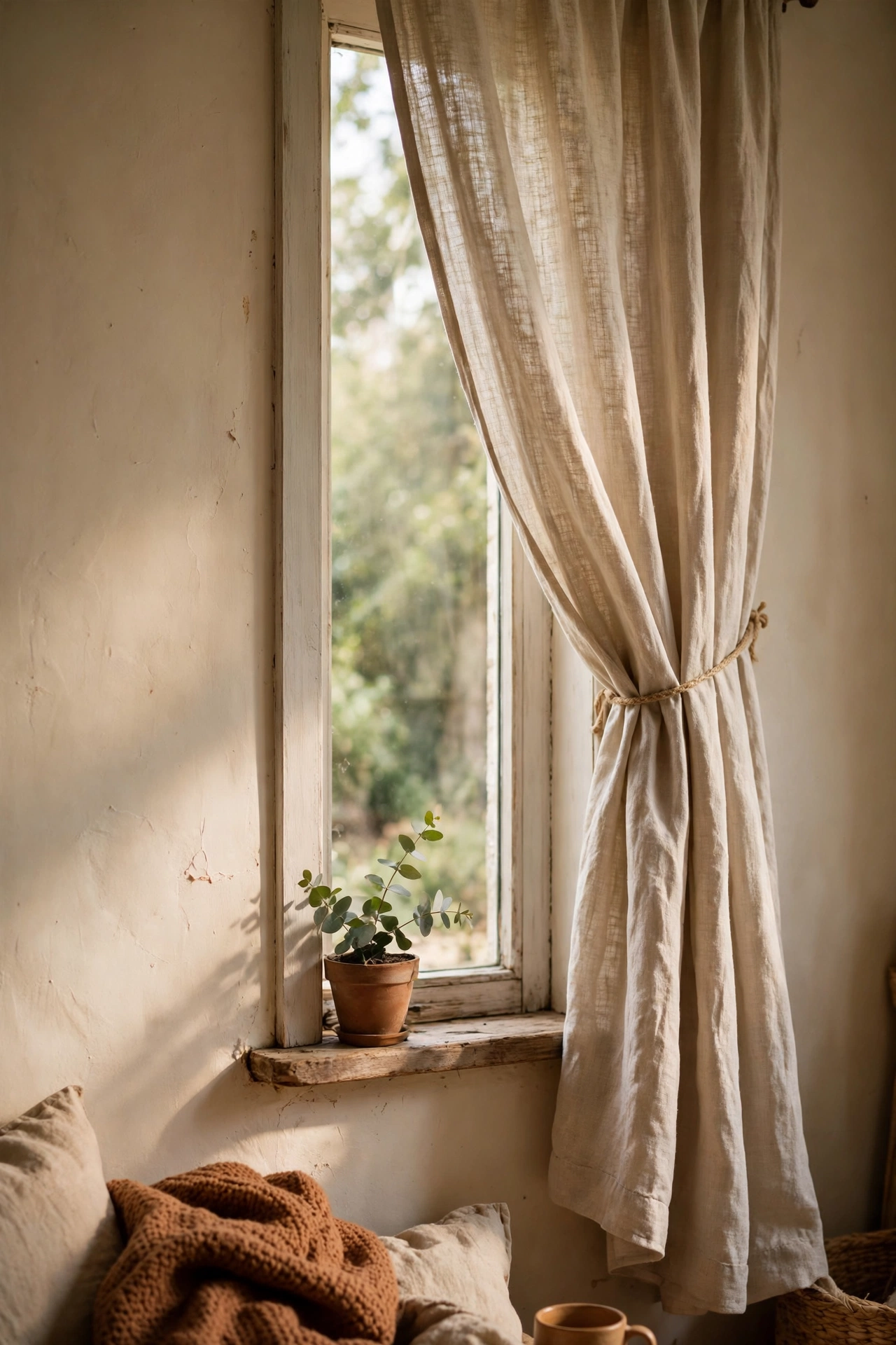 Single curtain panel swept to one side with a tieback